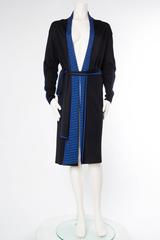 1970S ISSEY MIYAKE Black & Blue Knit Jersey Cardigan Belted Dress