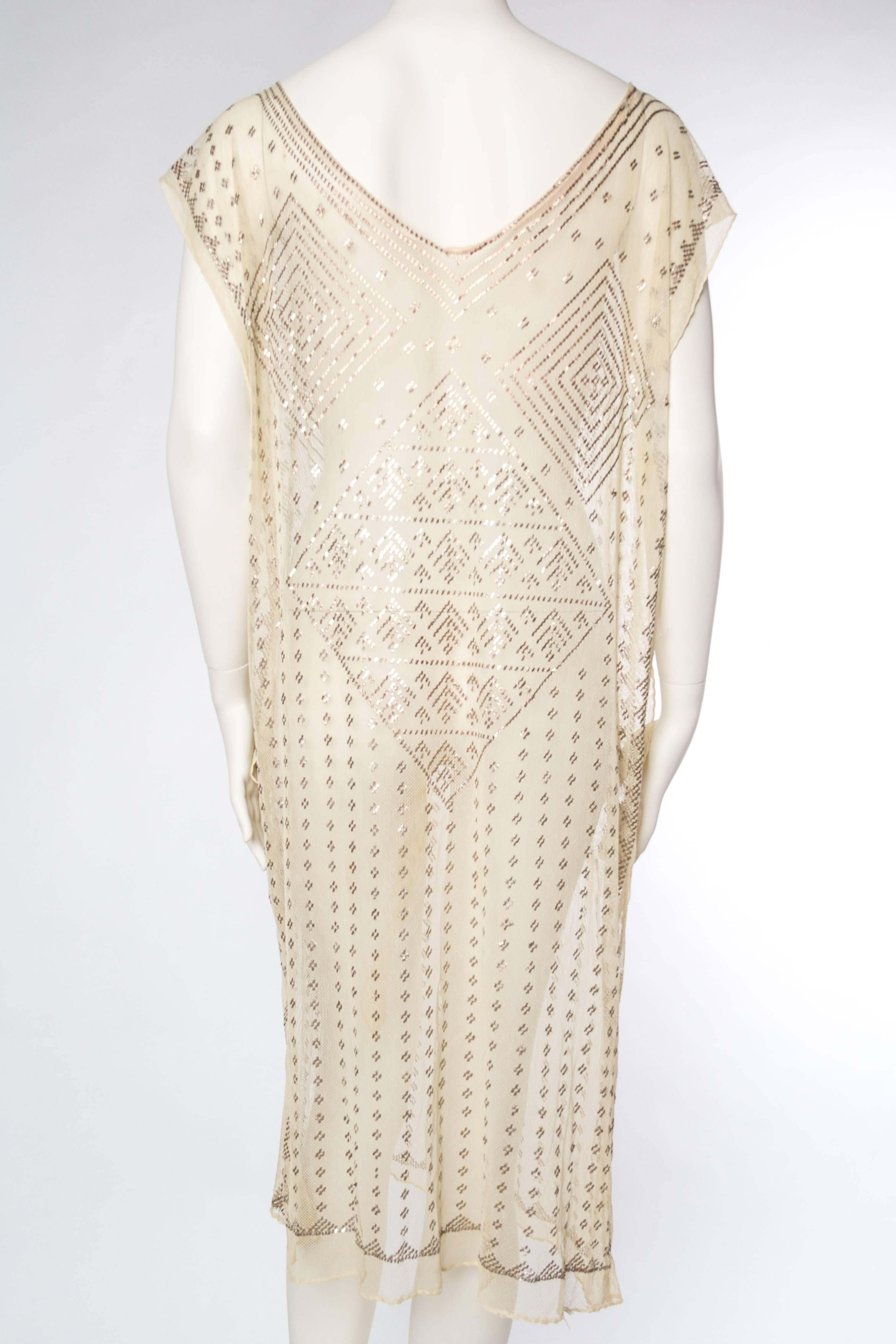 Beige 1920s Egyptian Assuit Net and Silver Dress