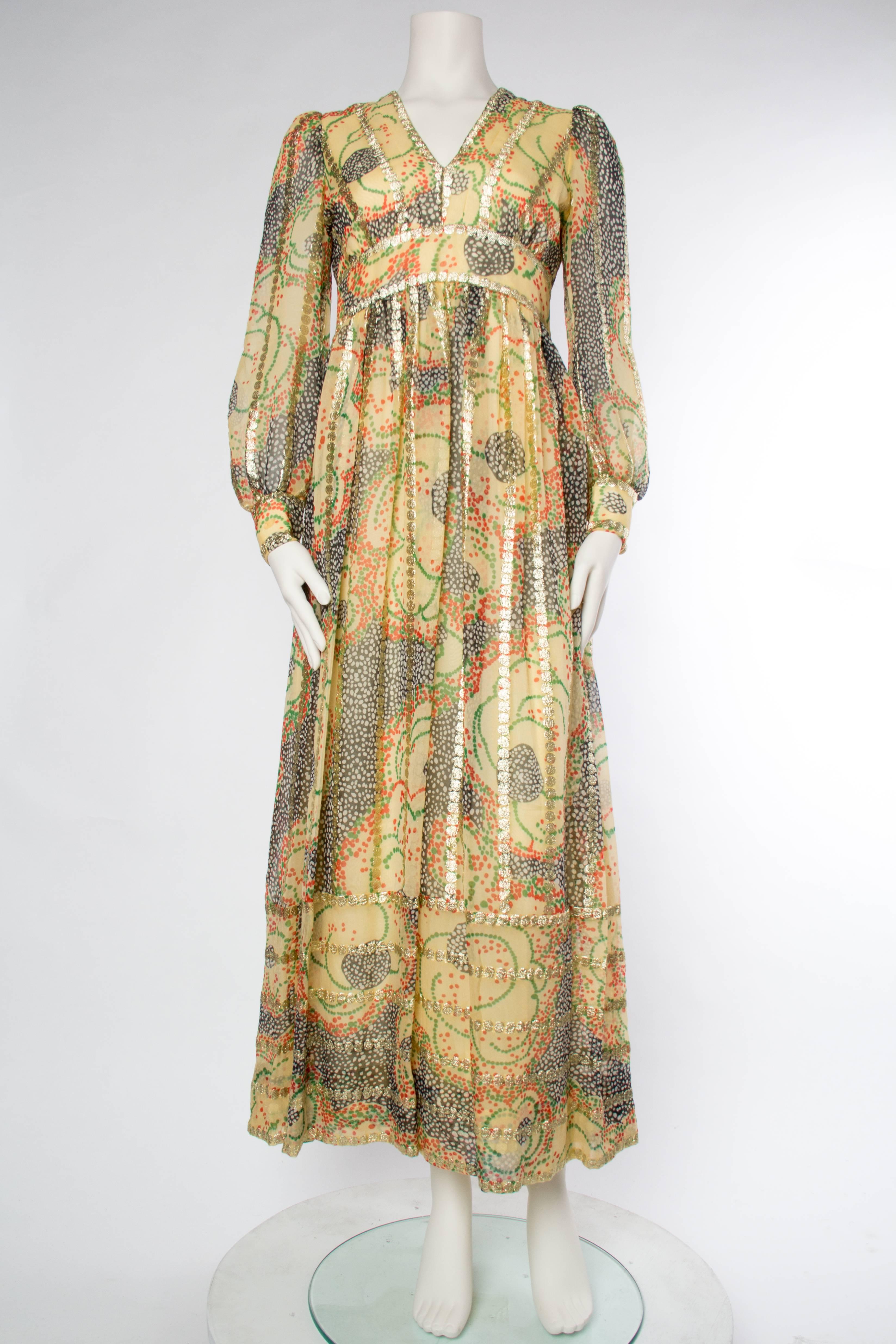 Styled with the romance of the past in the wild textiles of the day such as designers Ossie Clark, Oscar, and Saint Laurent this unlabeled dress rivals them all. 