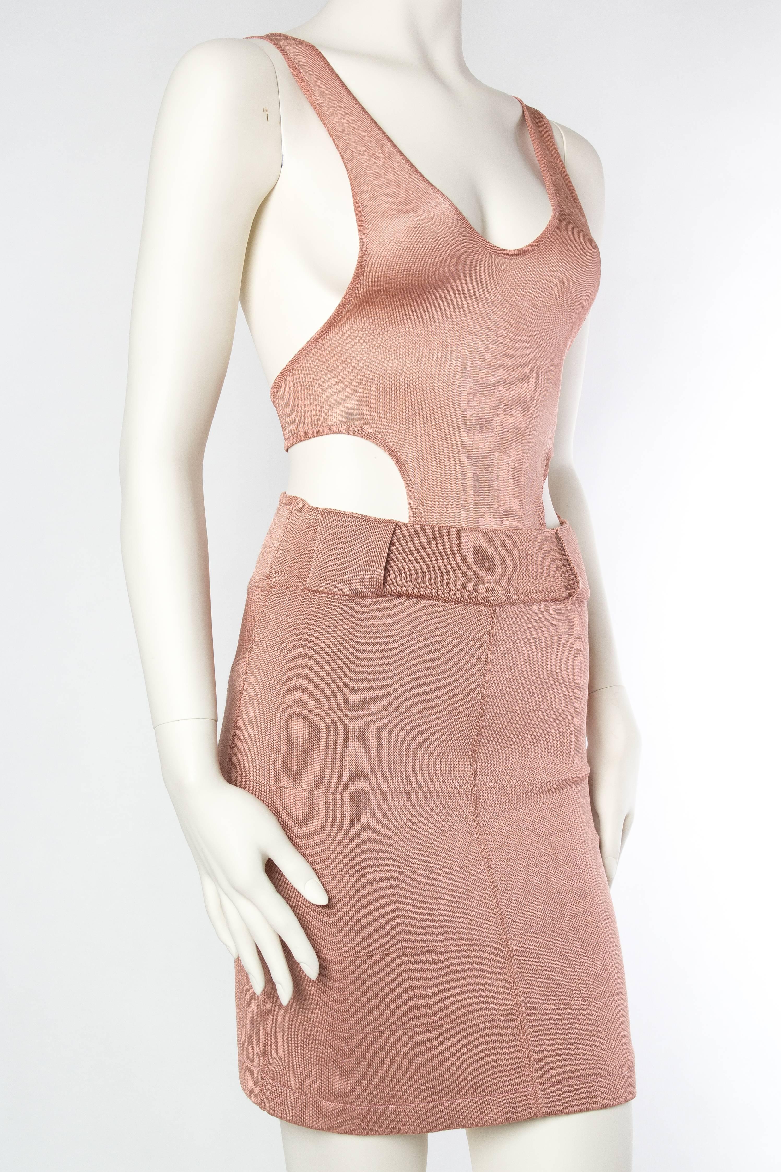 Beige 1990 ALAIA Blush Pink Rayon Jersey Bodycon Cocktail Dress With Cut Out Racer Ba For Sale