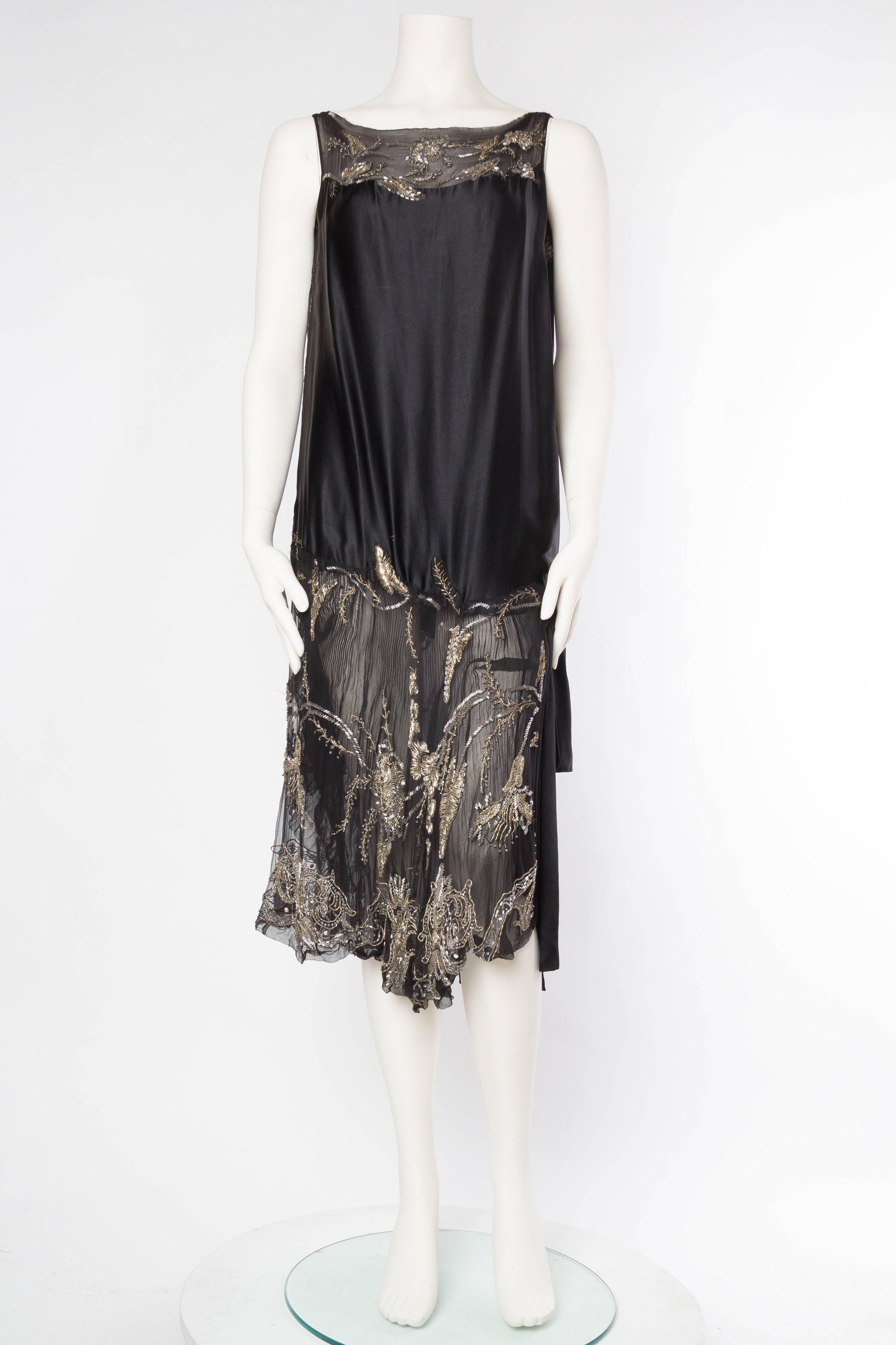 1920S Black Silk Chiffon & Charmeuse Cocktail Dress With Floral Metallic Lame Embroidery Beading