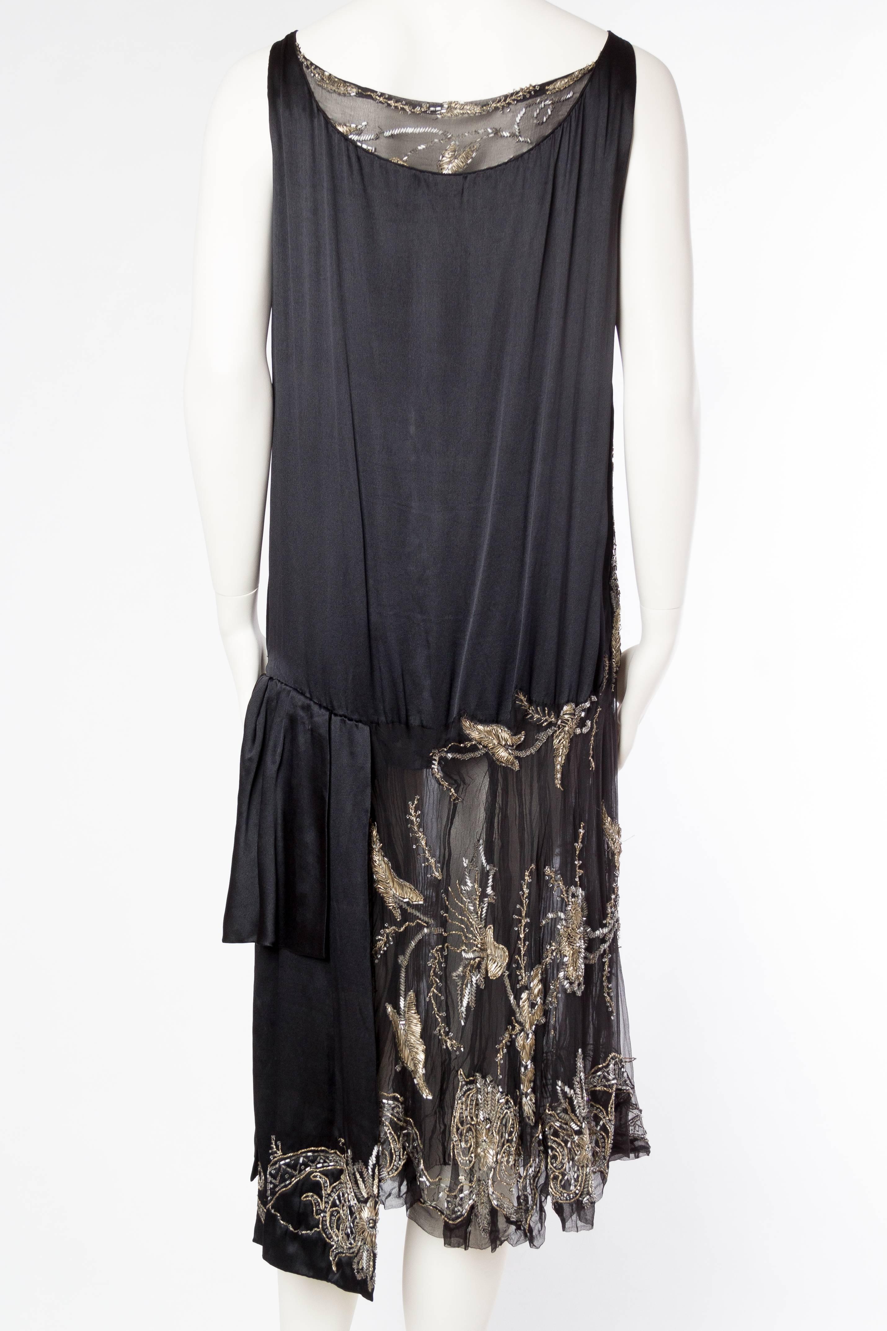 Women's 1920S Black Silk Chiffon & Charmeuse Cocktail Dress With Floral Metallic Lame E