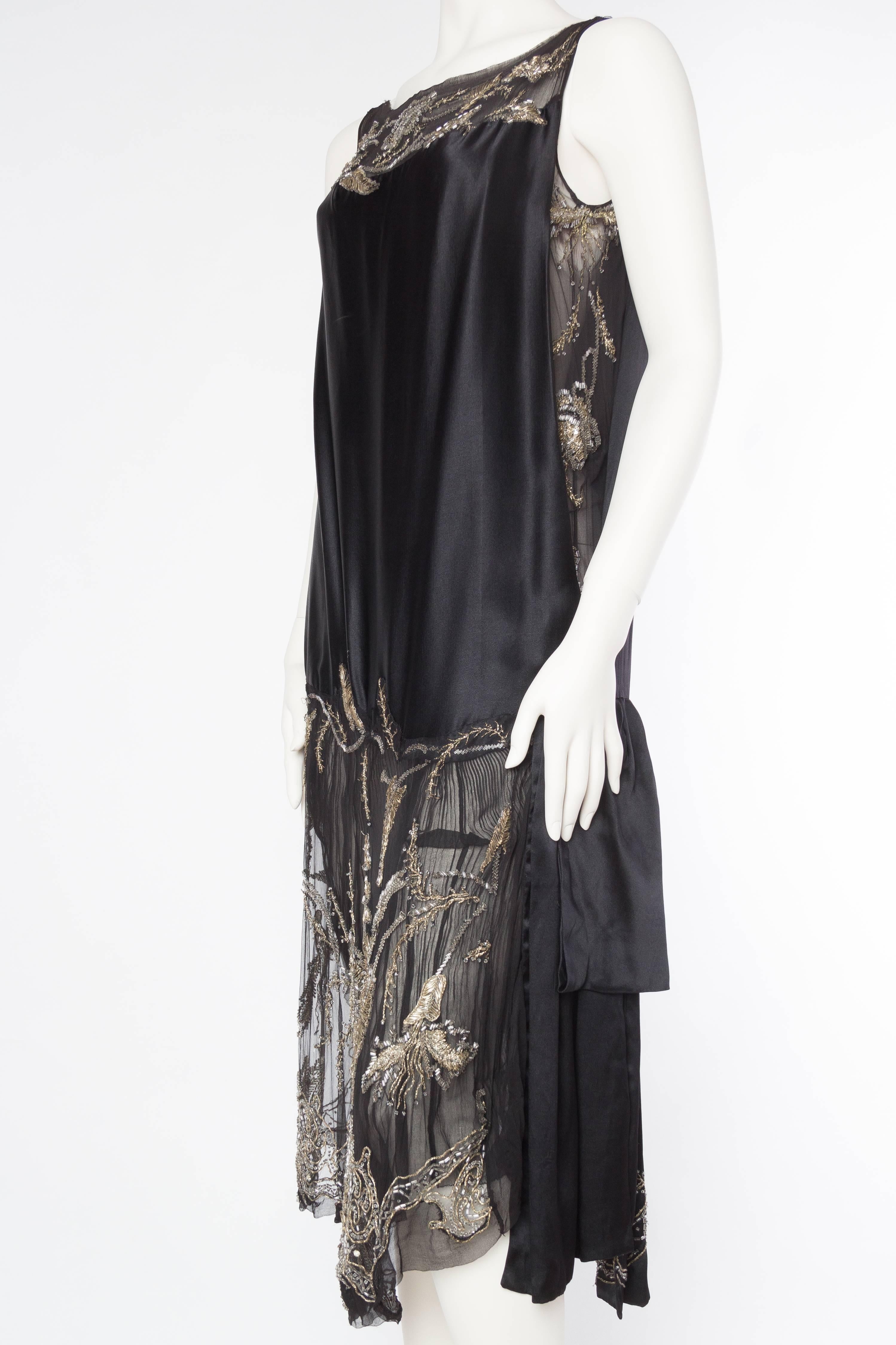 1920S Black Silk Chiffon & Charmeuse Cocktail Dress With Floral Metallic Lame E In Excellent Condition In New York, NY
