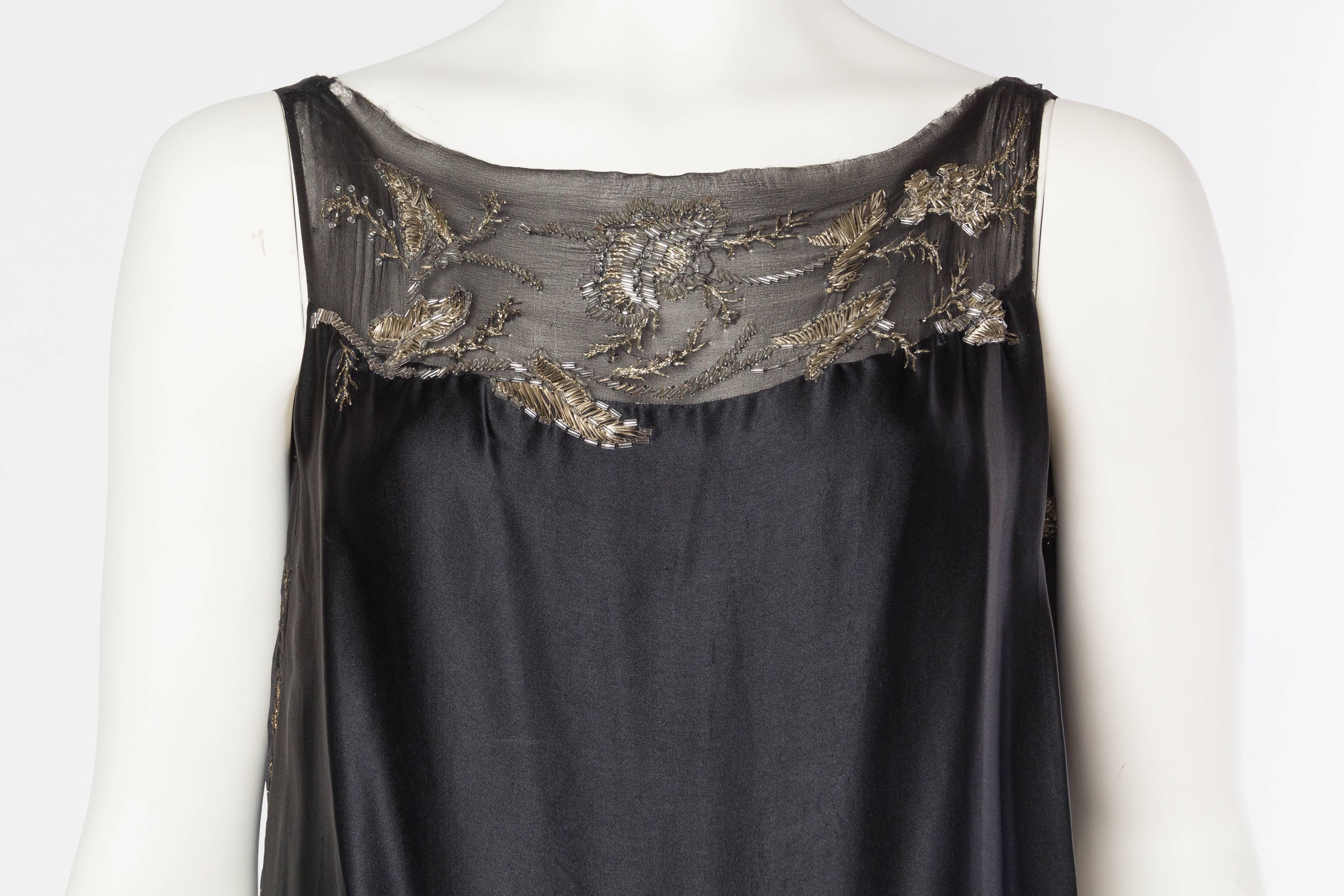 1920S Black Silk Chiffon & Charmeuse Cocktail Dress With Floral Metallic Lame E 1