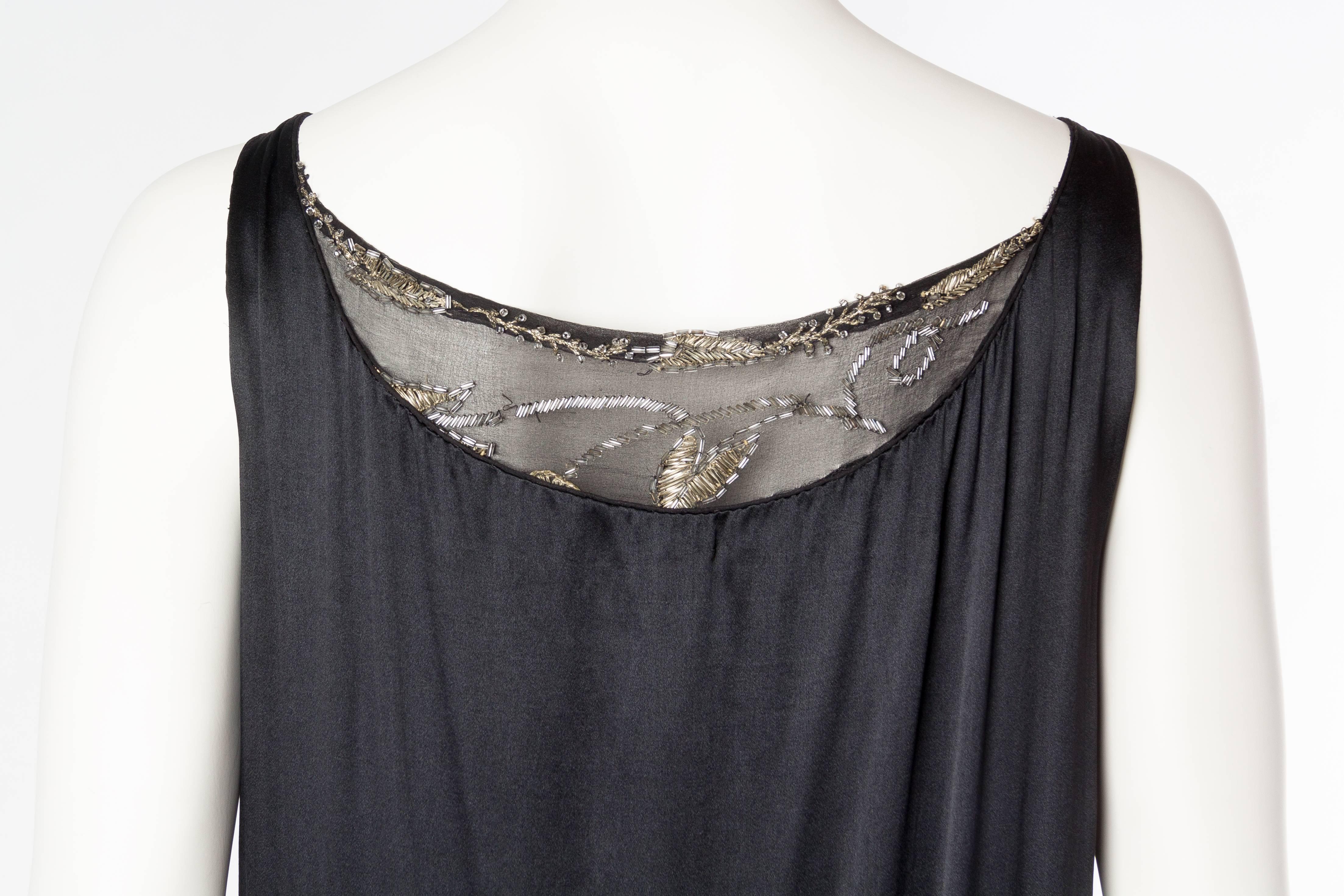 1920S Black Silk Chiffon & Charmeuse Cocktail Dress With Floral Metallic Lame E 2