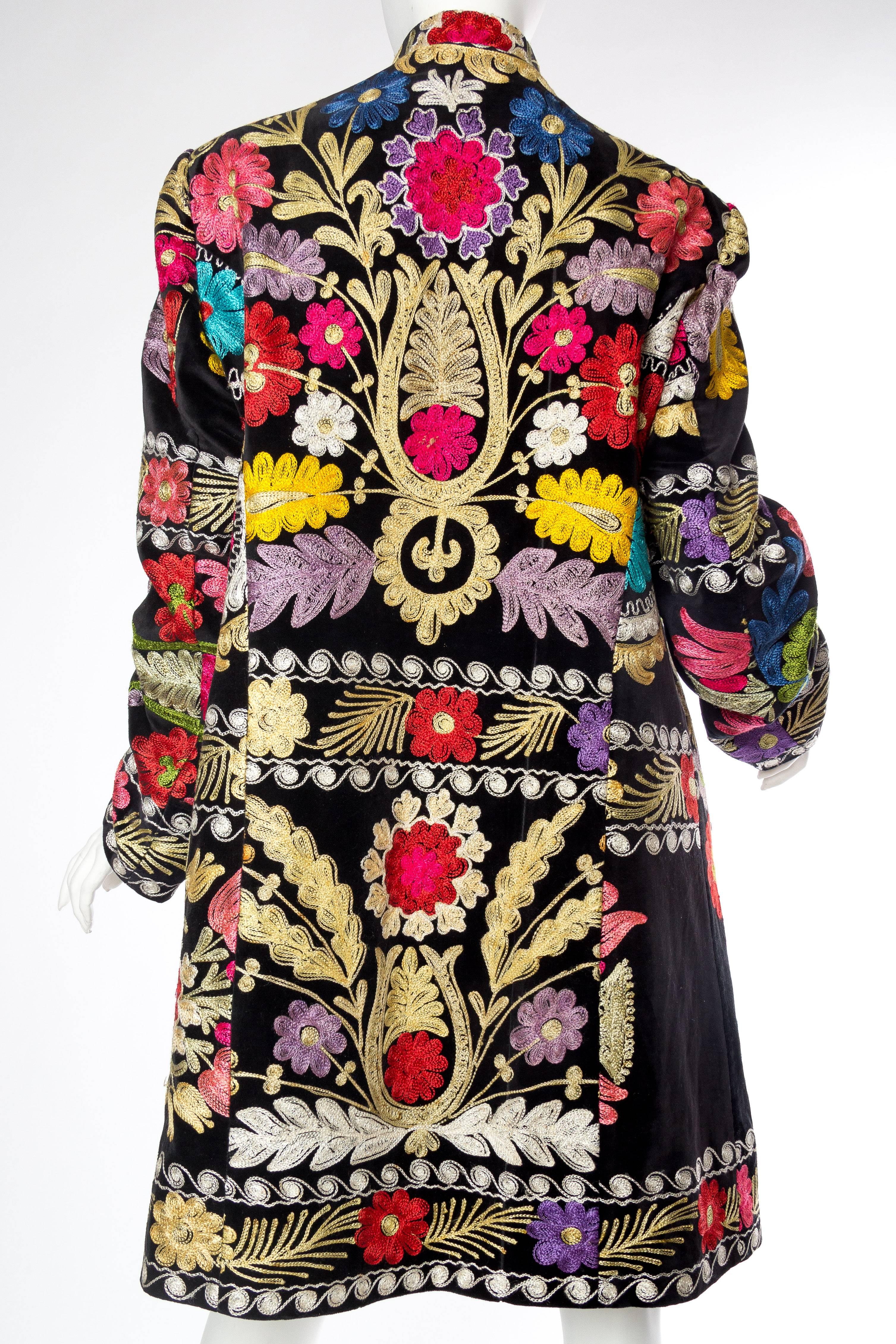 Black 1960s Embroidered Velvet BoHo Coat