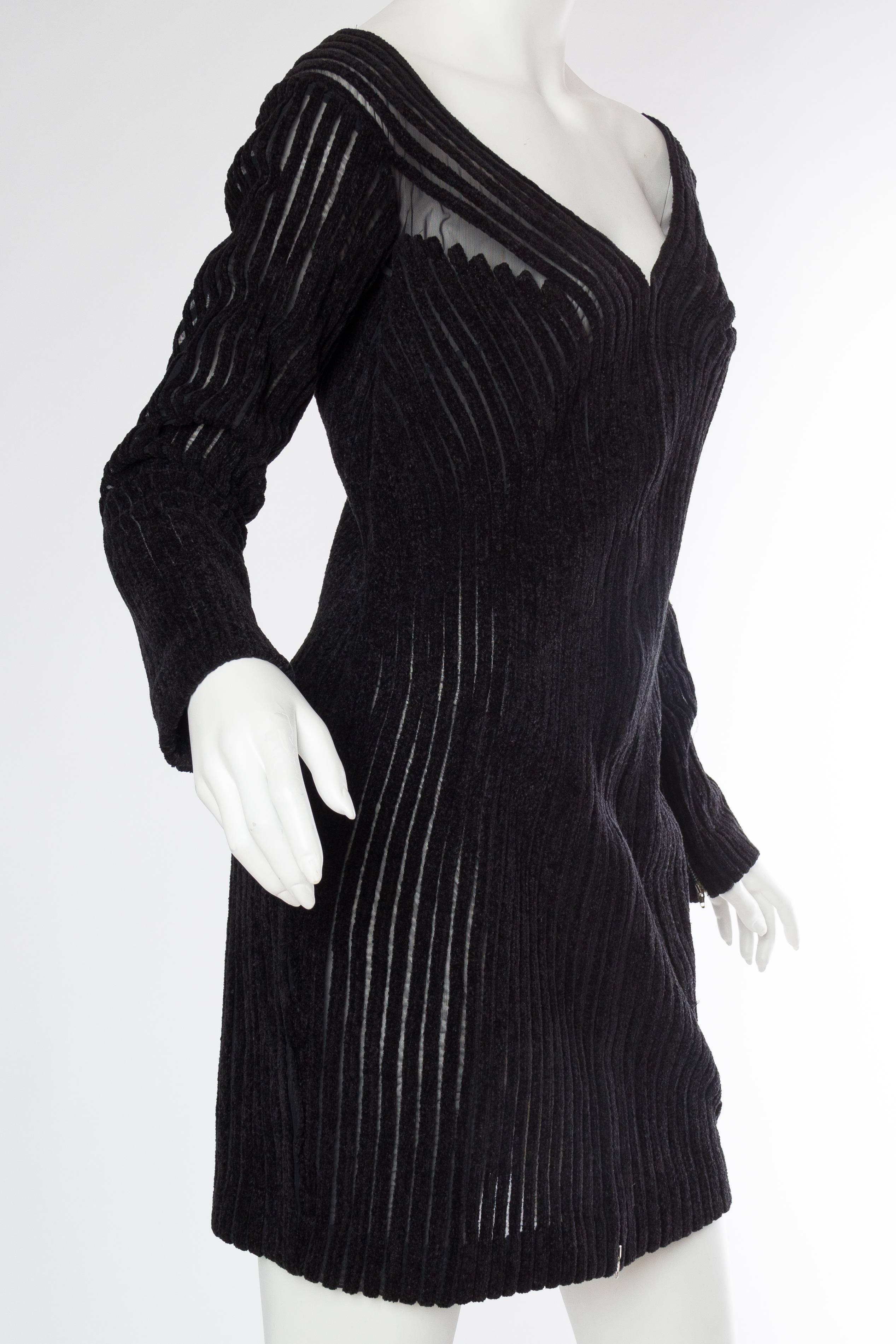 Black Gianfranco Ferre Sheer and Chenille Body-con Dress