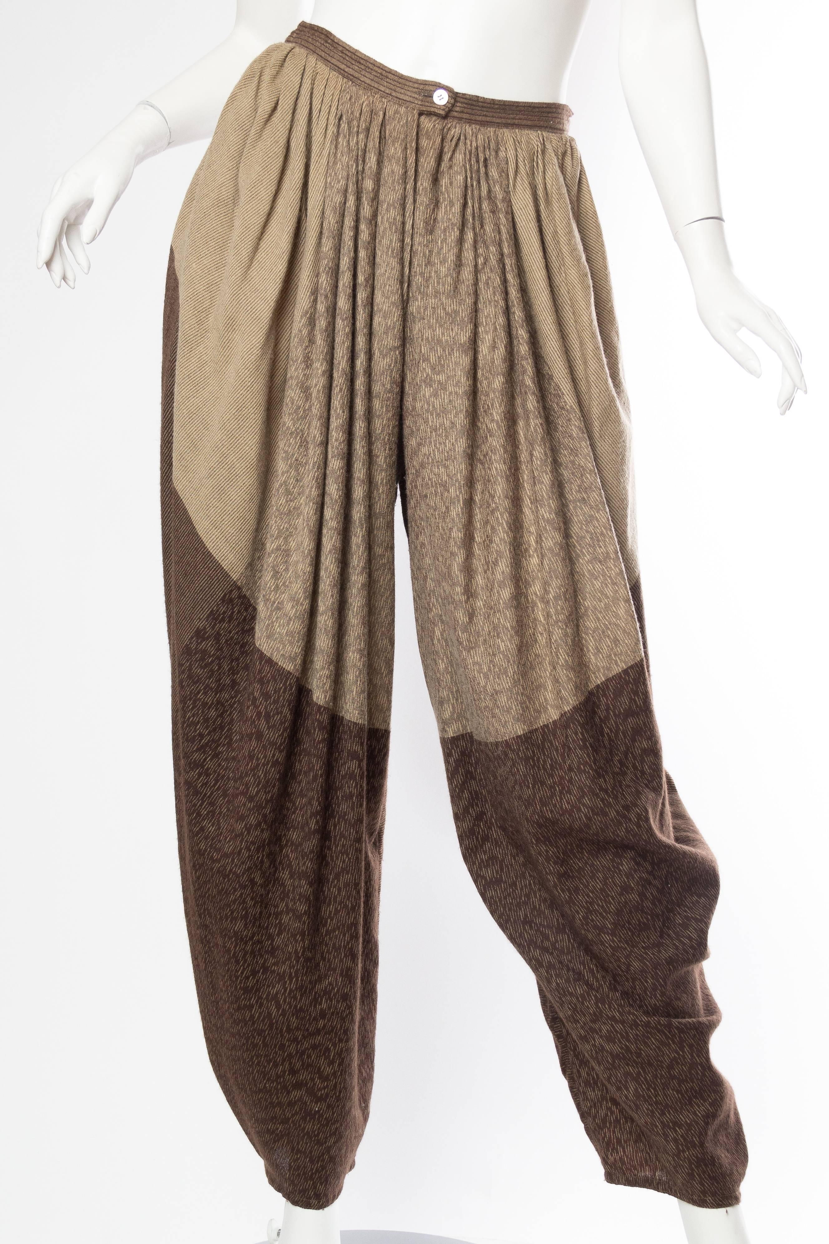 1980S ISSEY MIYAKE Tan & Brown Wool Blend Oversized Shirt Pleated Pants Ensemble
