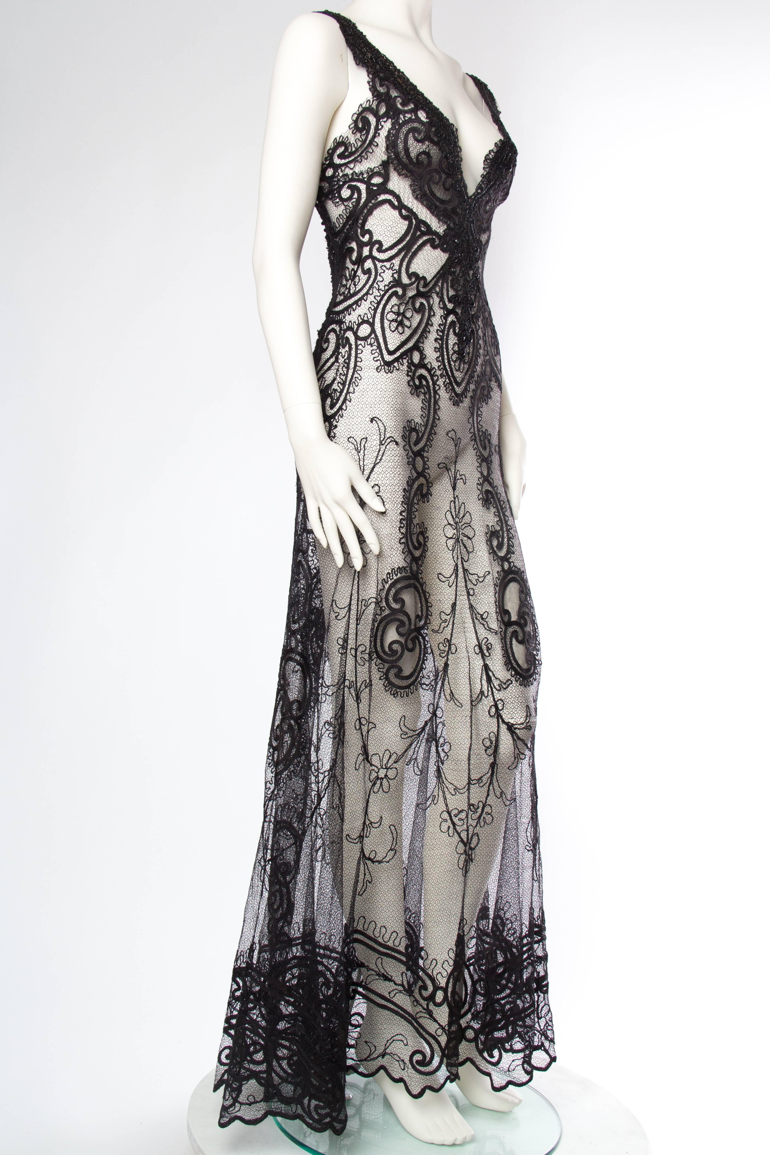 Black Beaded Belle Epoch Lace and Net Gown