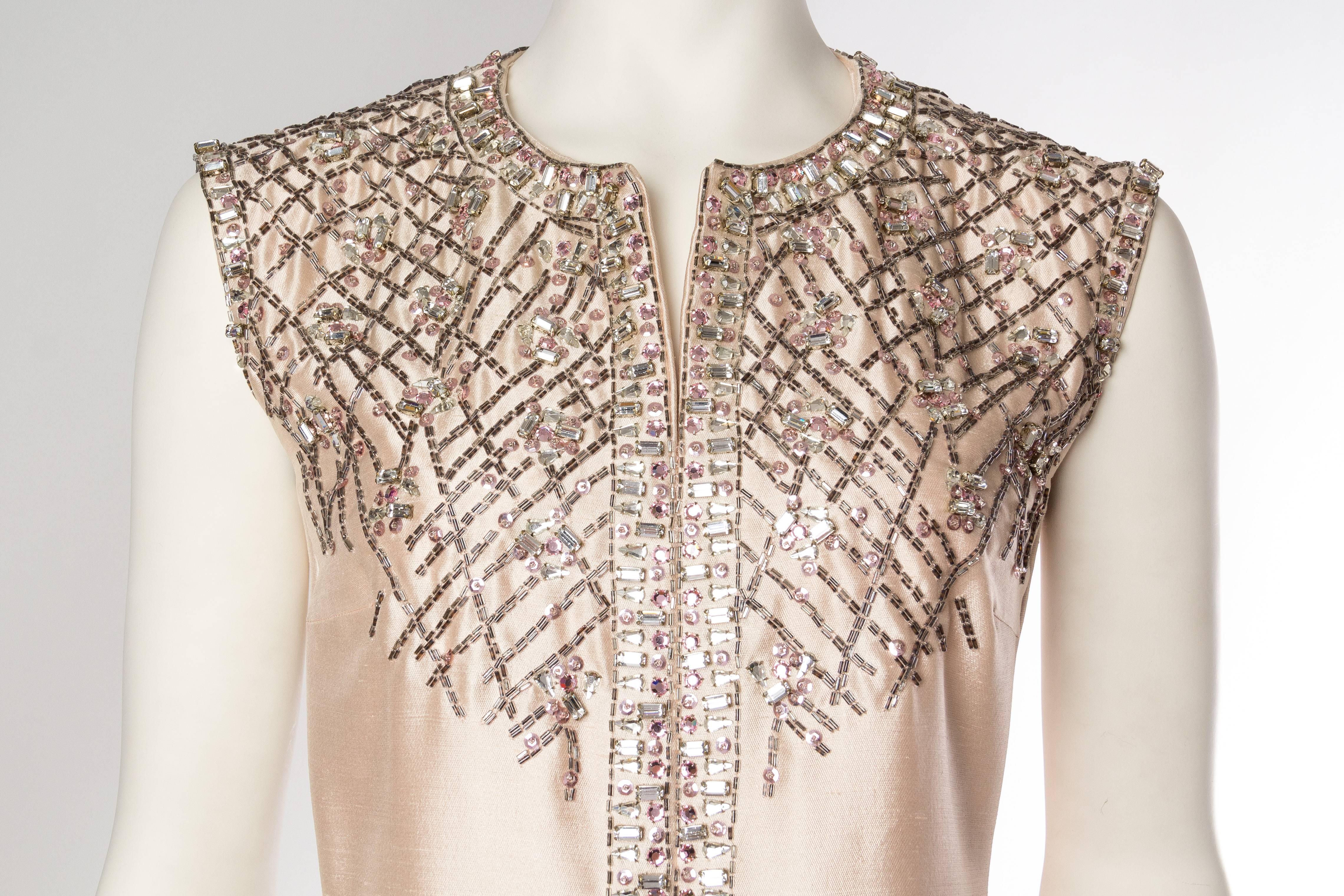 1960S CHRISTIAN DIOR Style Baby Pink Silk Blend Radzimir Crystal Encrusted Mod  In Excellent Condition In New York, NY