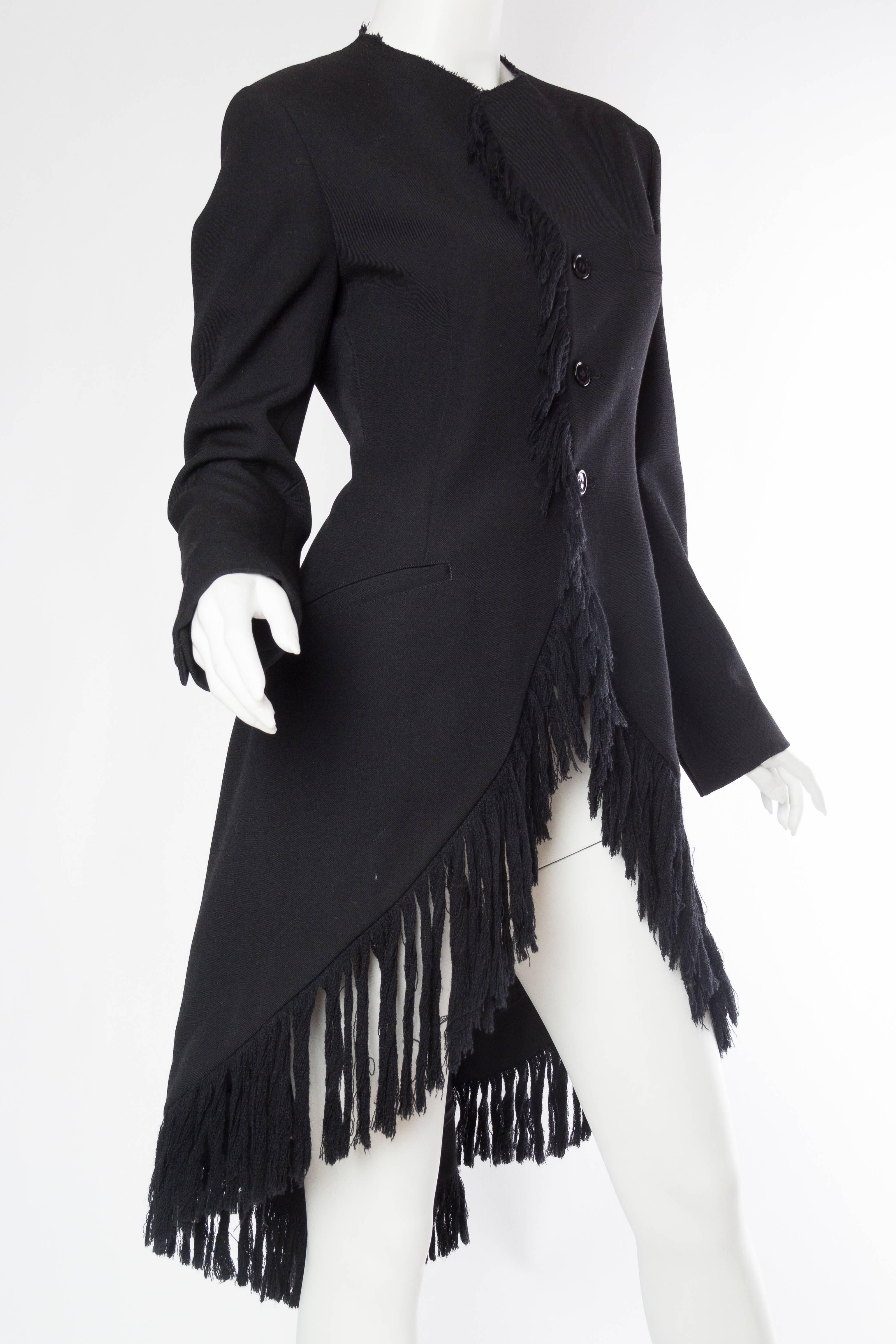 1980S YOHJI YAMAMOTO Black Wool Twill High-Low Tail Coat With Fringe In Excellent Condition For Sale In New York, NY