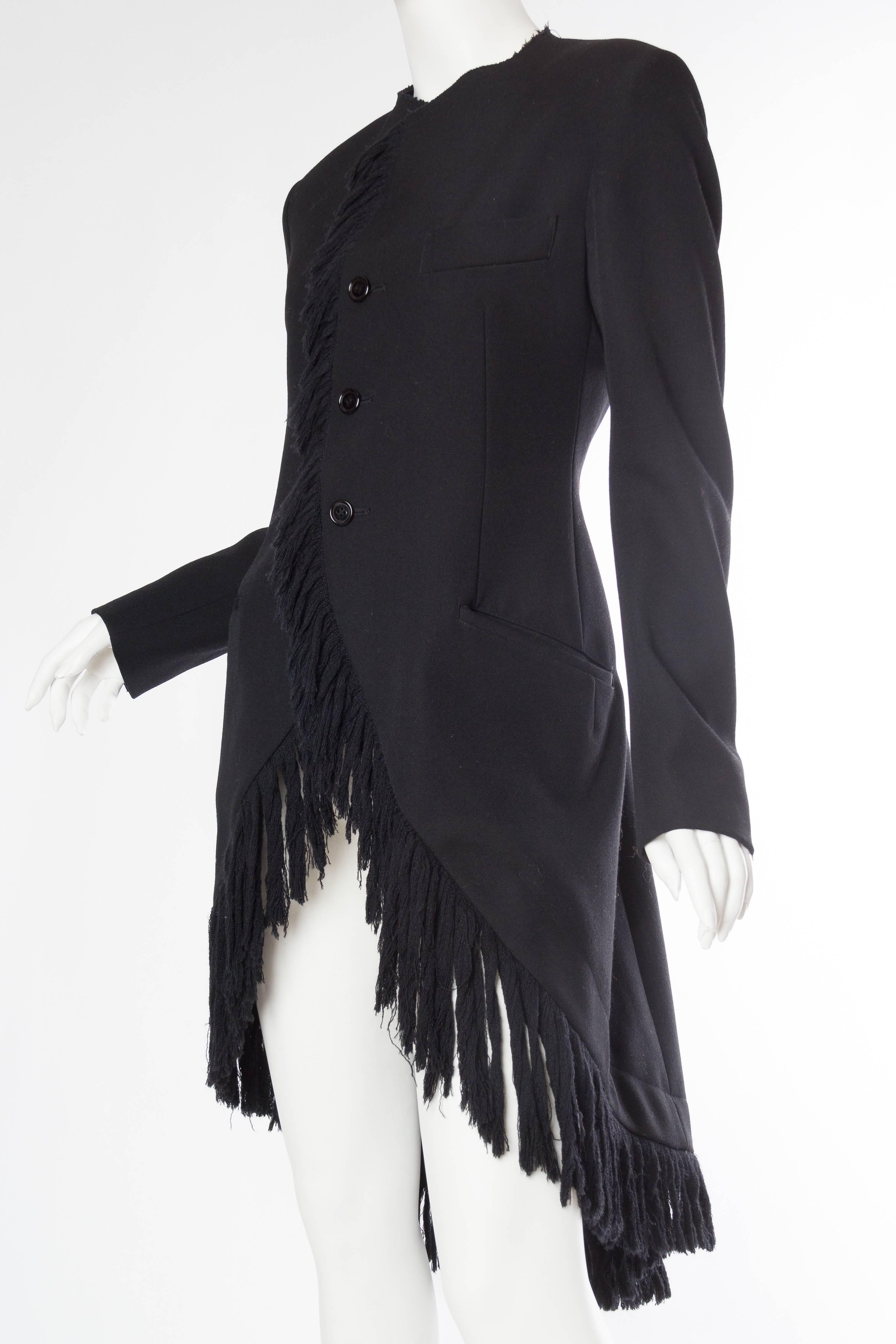 Women's or Men's 1980S YOHJI YAMAMOTO Black Wool Twill High-Low Tail Coat With Fringe For Sale