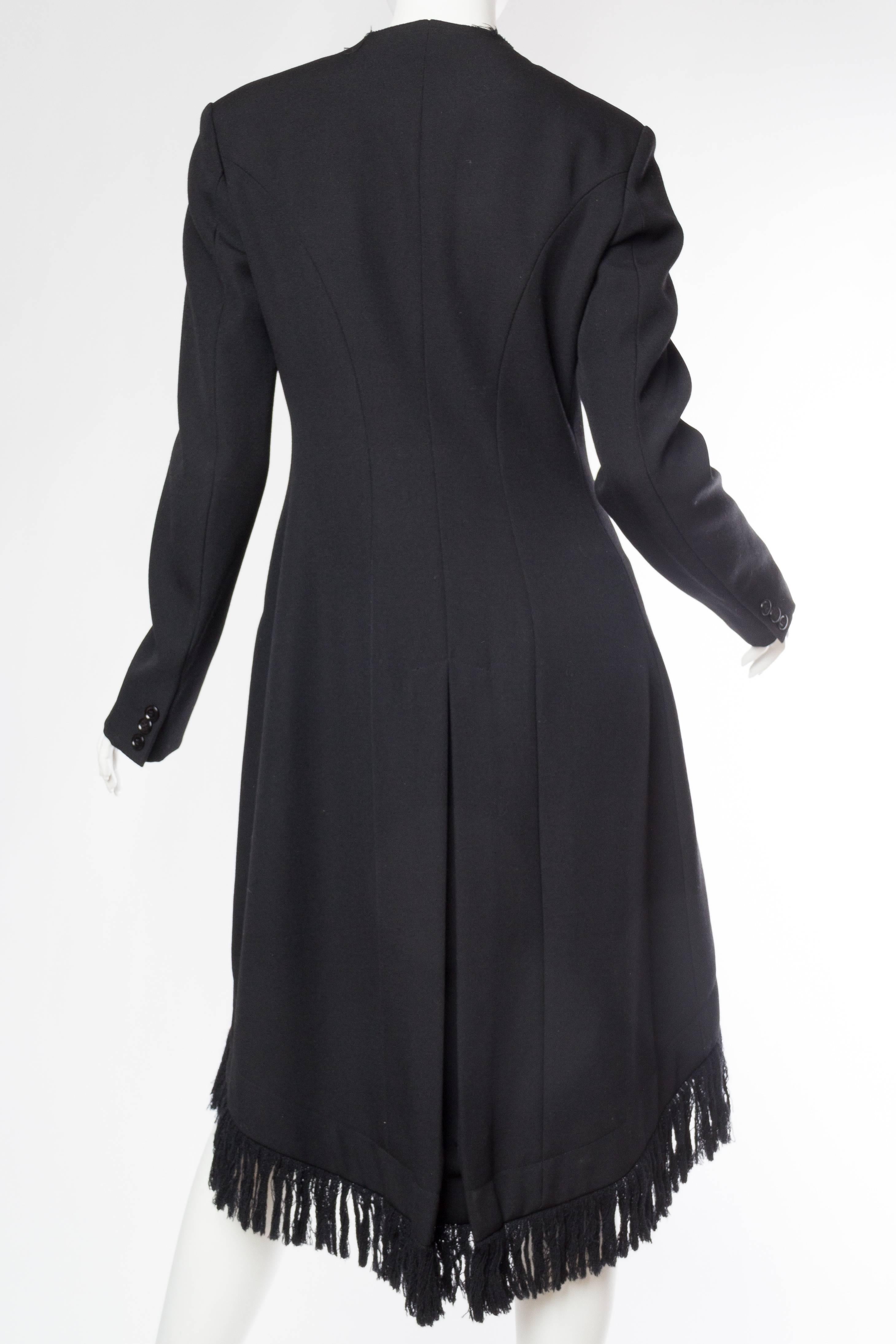 1980S YOHJI YAMAMOTO Black Wool Twill High-Low Tail Coat With Fringe For Sale 1