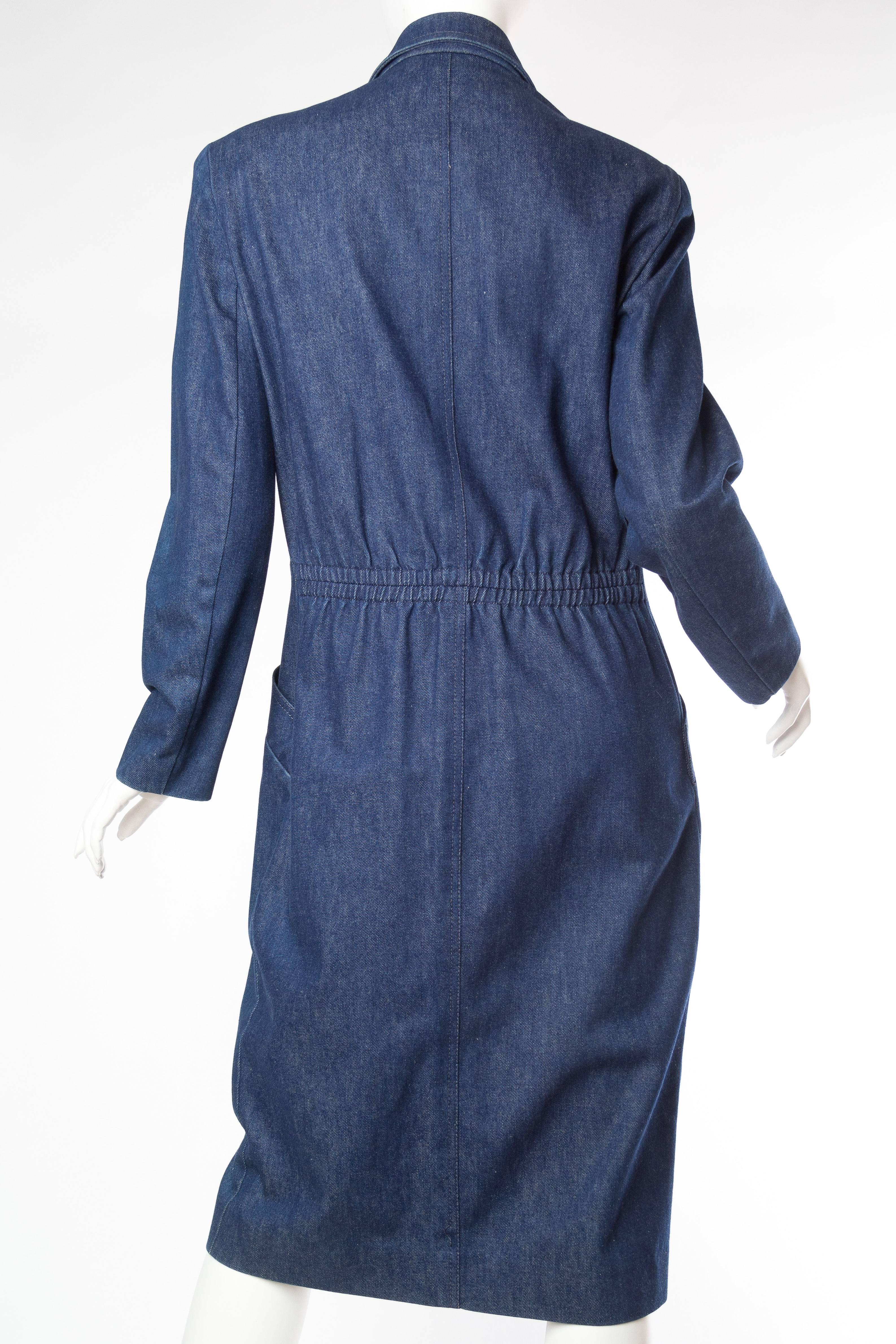 1980S DONNA KARAN Indigo Blue Denim Zip Front Dress In Excellent Condition For Sale In New York, NY