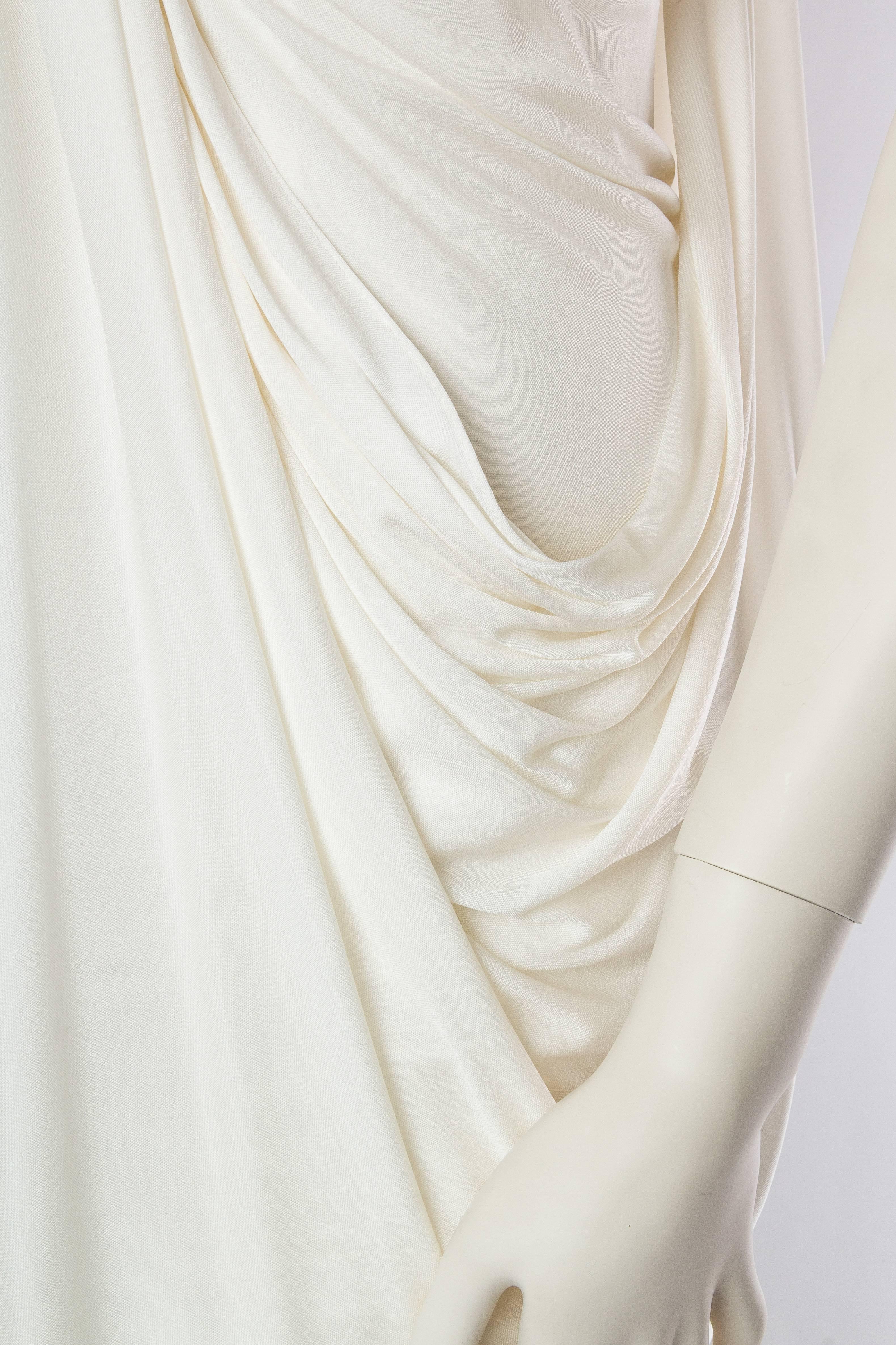 1900S DONNA KARAN Off White Rayon & Silk Jersey Draped Goddess Gown 1