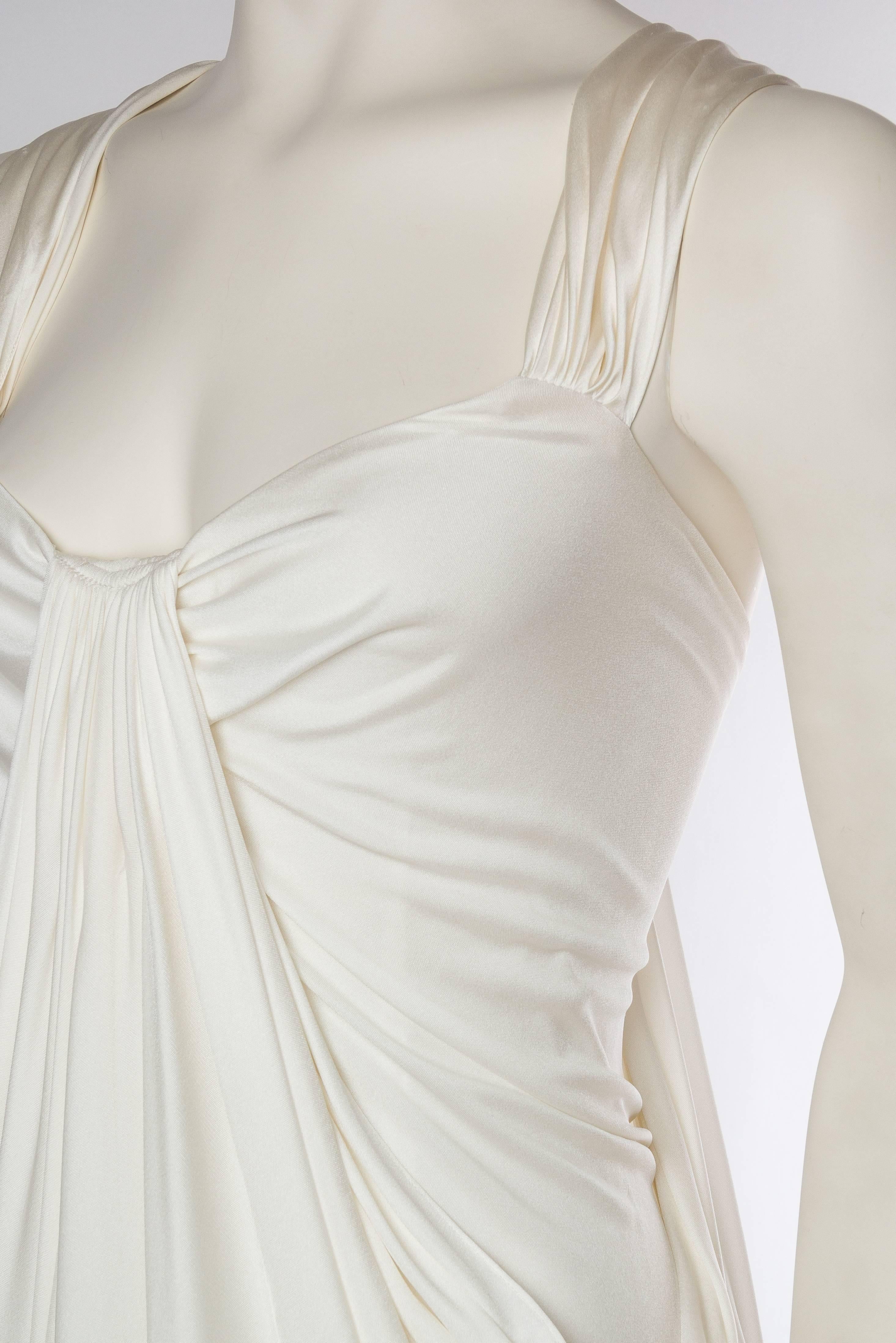 1900S DONNA KARAN Off White Rayon & Silk Jersey Draped Goddess Gown In Excellent Condition In New York, NY