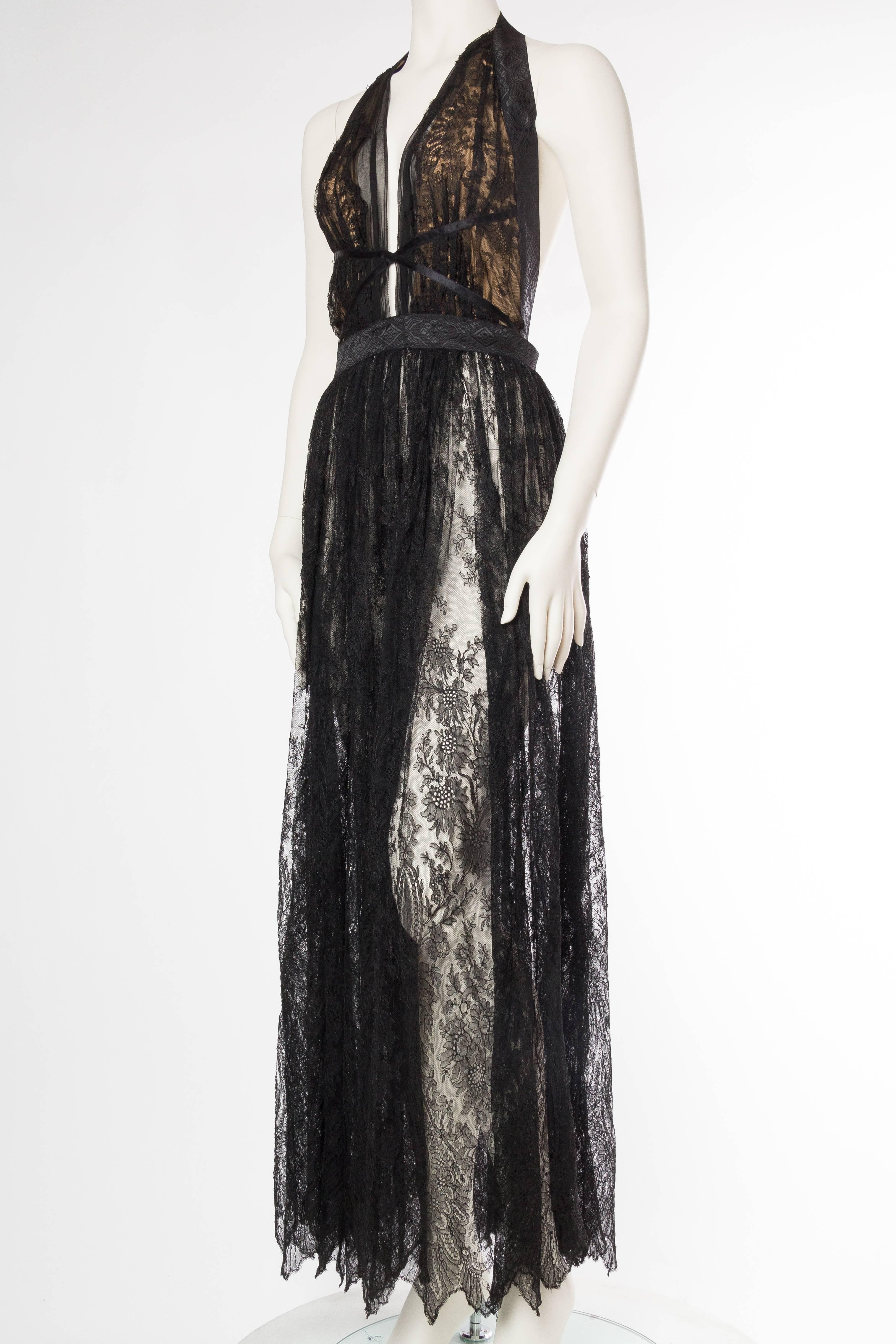 Black Sheer Backless Gown made from Victorian Silk Lace