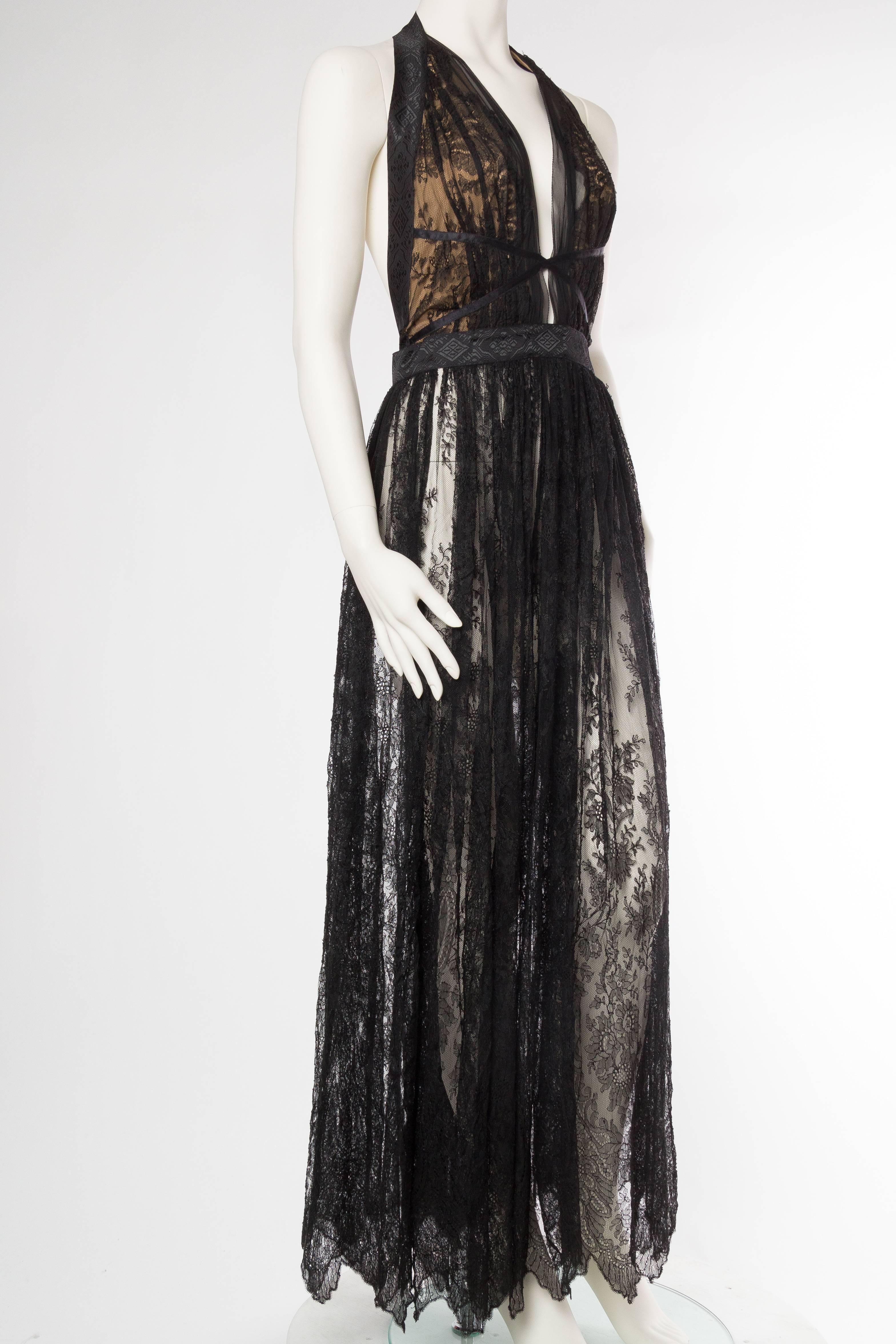 Inspired by the 1930s work of Madeline Vionnet who's work was most commonly knocked off by Halston in the 1970s. This gown is made from Victorian silk chantilly lace. The full sweep of the skirt is glorious. The skirt has been left unlined for a