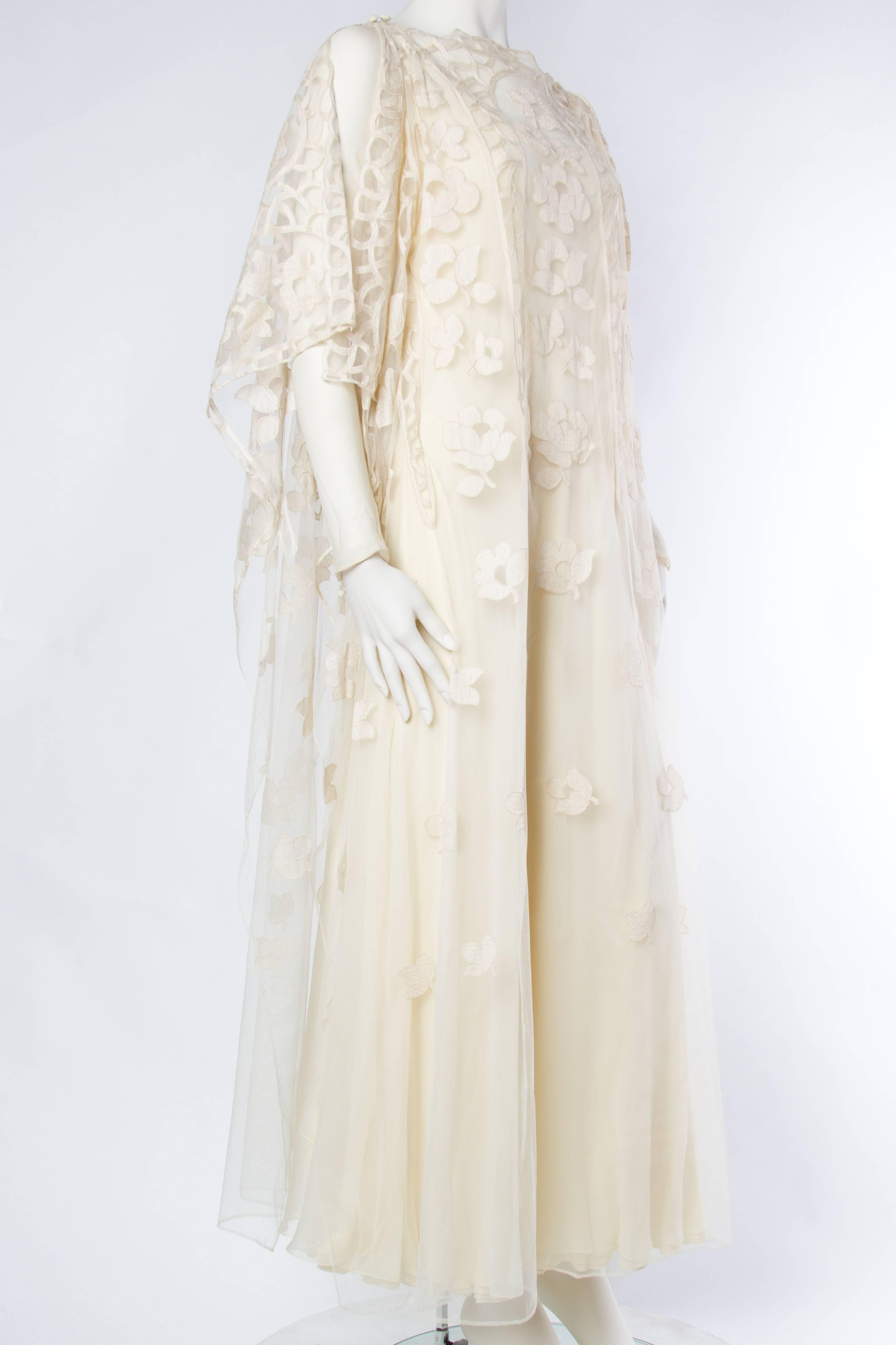 1970s Stavropoulos Boho Embroidered Net and Silk Gown In Excellent Condition In New York, NY