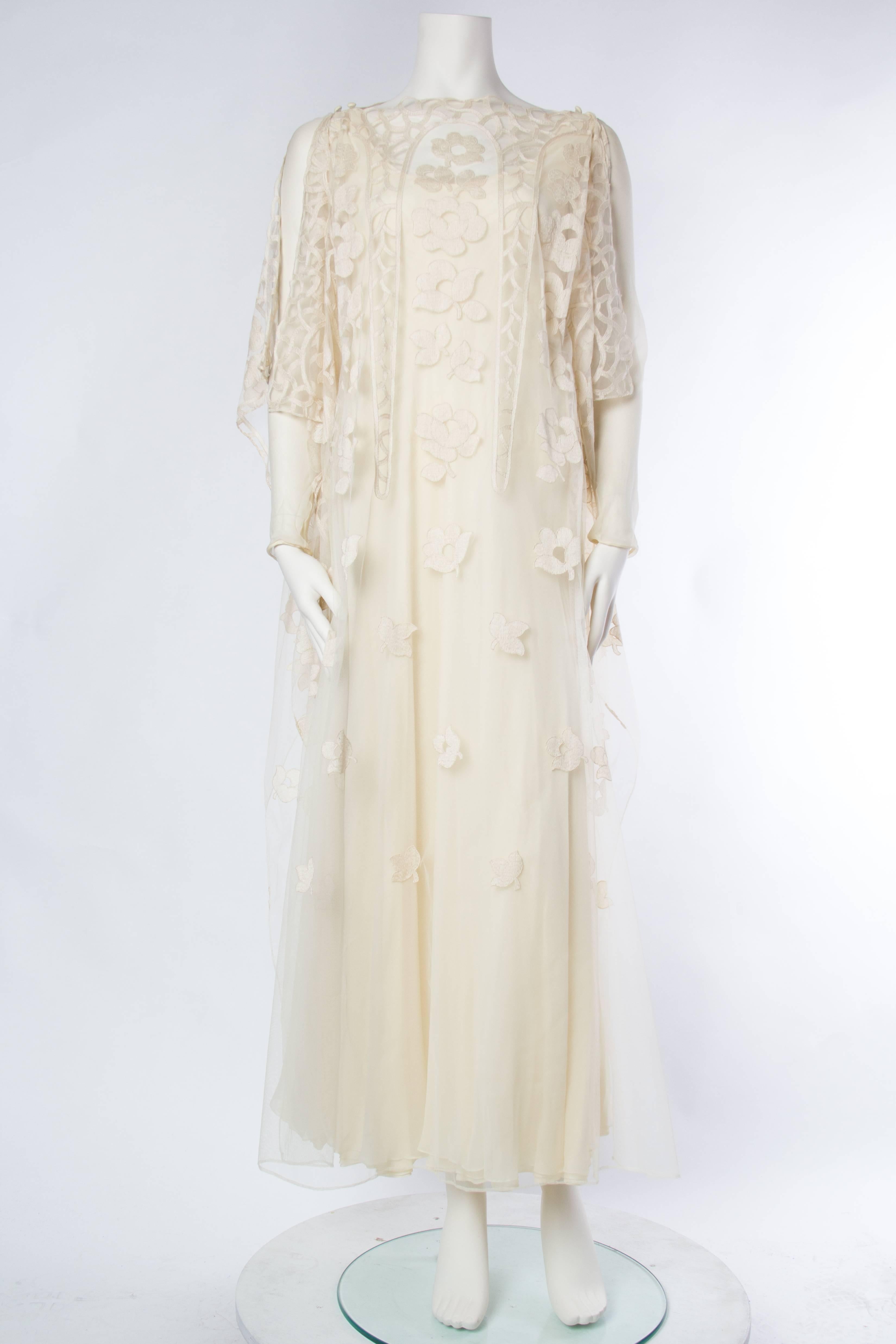 Beige 1970s Stavropoulos Boho Embroidered Net and Silk Gown