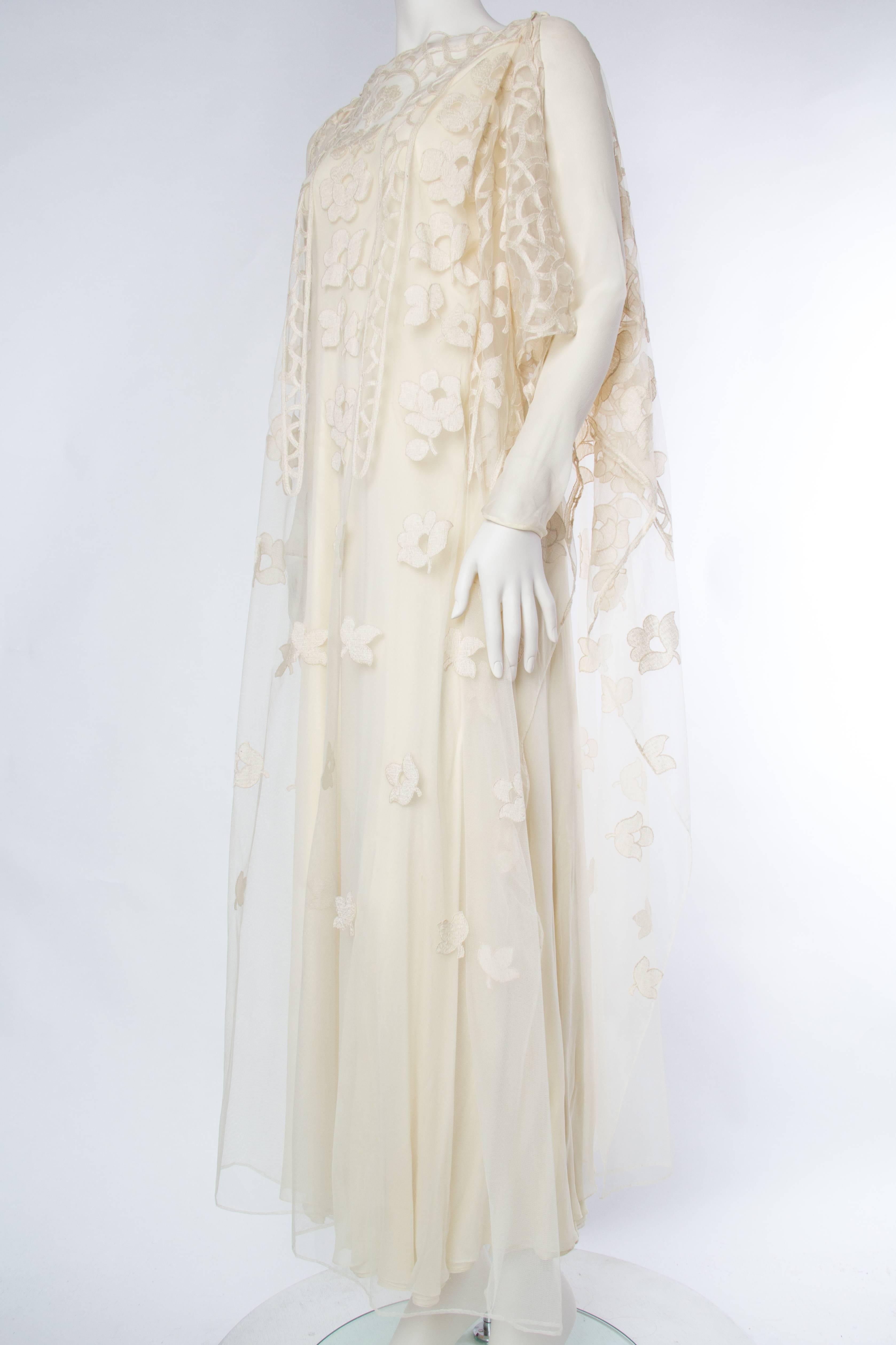 Women's 1970s Stavropoulos Boho Embroidered Net and Silk Gown