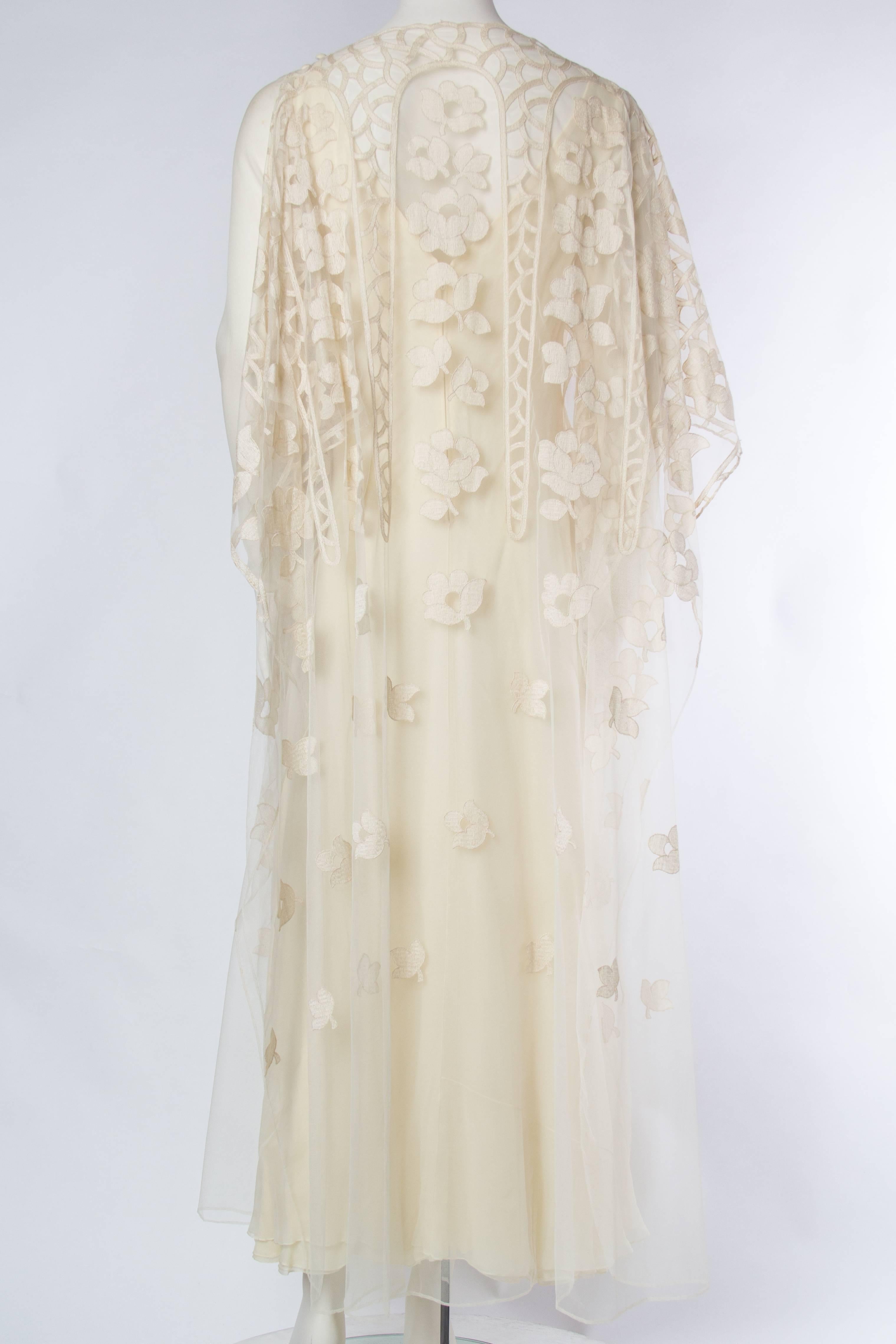 1970s Stavropoulos Boho Embroidered Net and Silk Gown 1