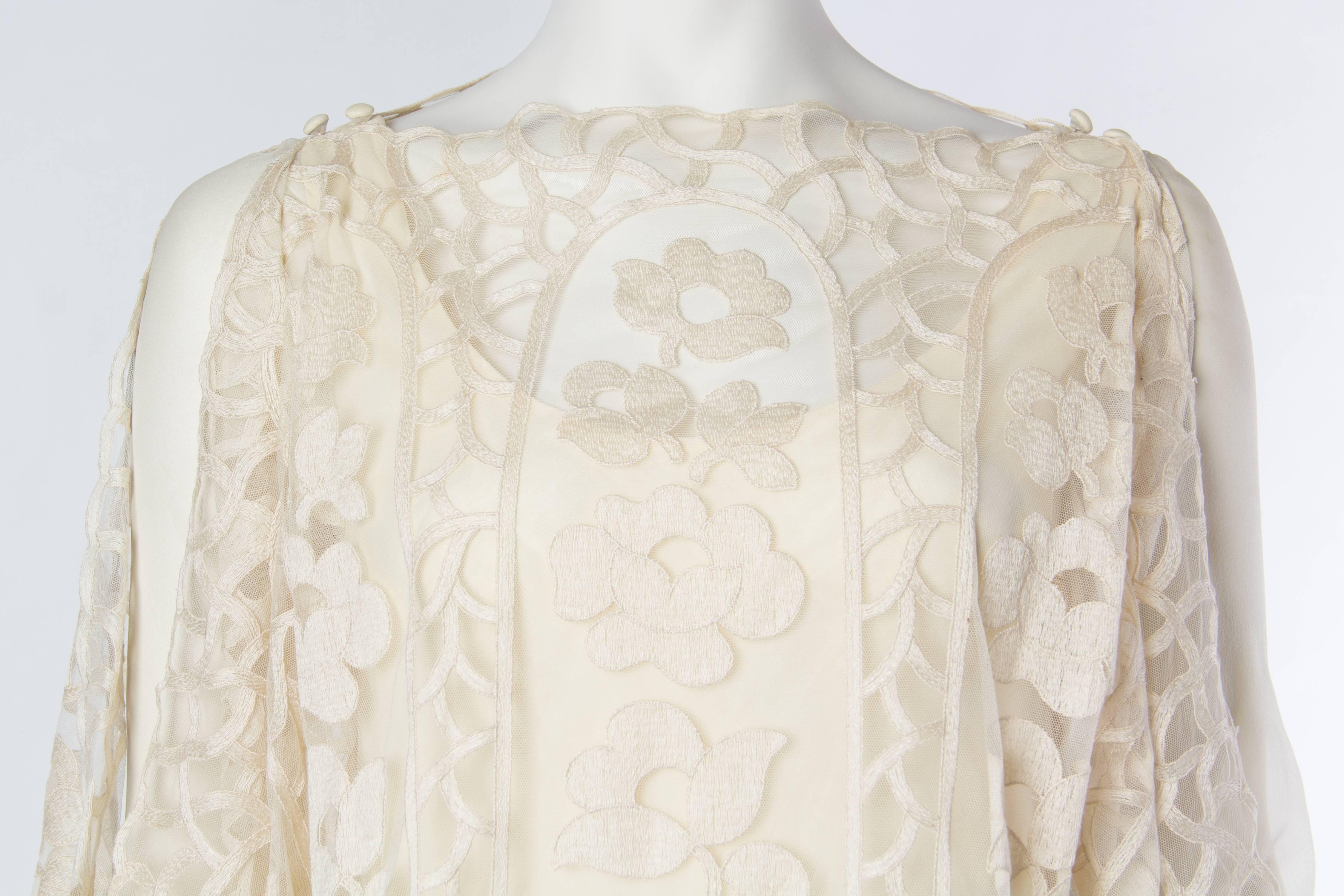 1970s Stavropoulos Boho Embroidered Net and Silk Gown 2