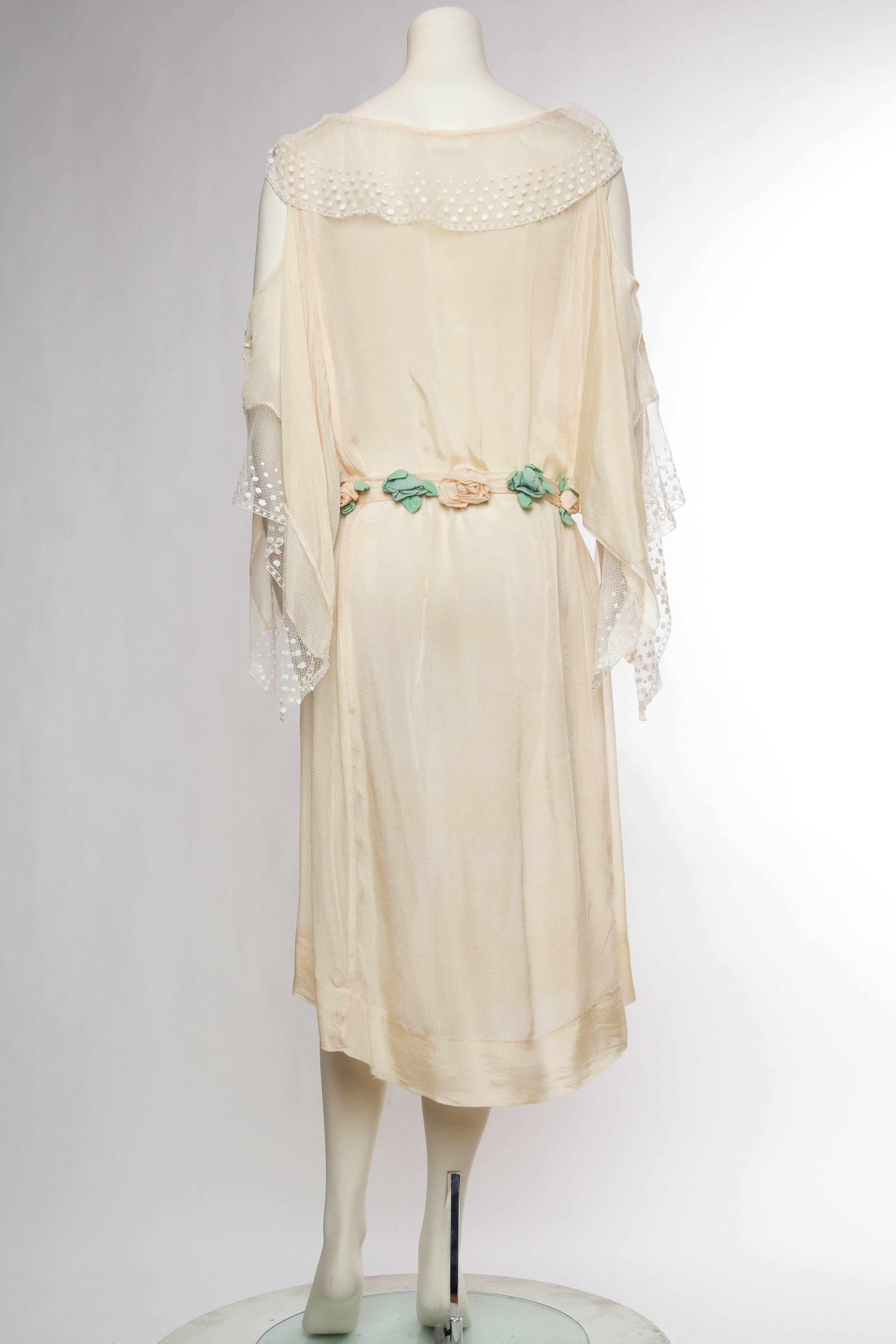Beige Early 1920s Kimono Sleeve Silk Dress with Roses and Lace