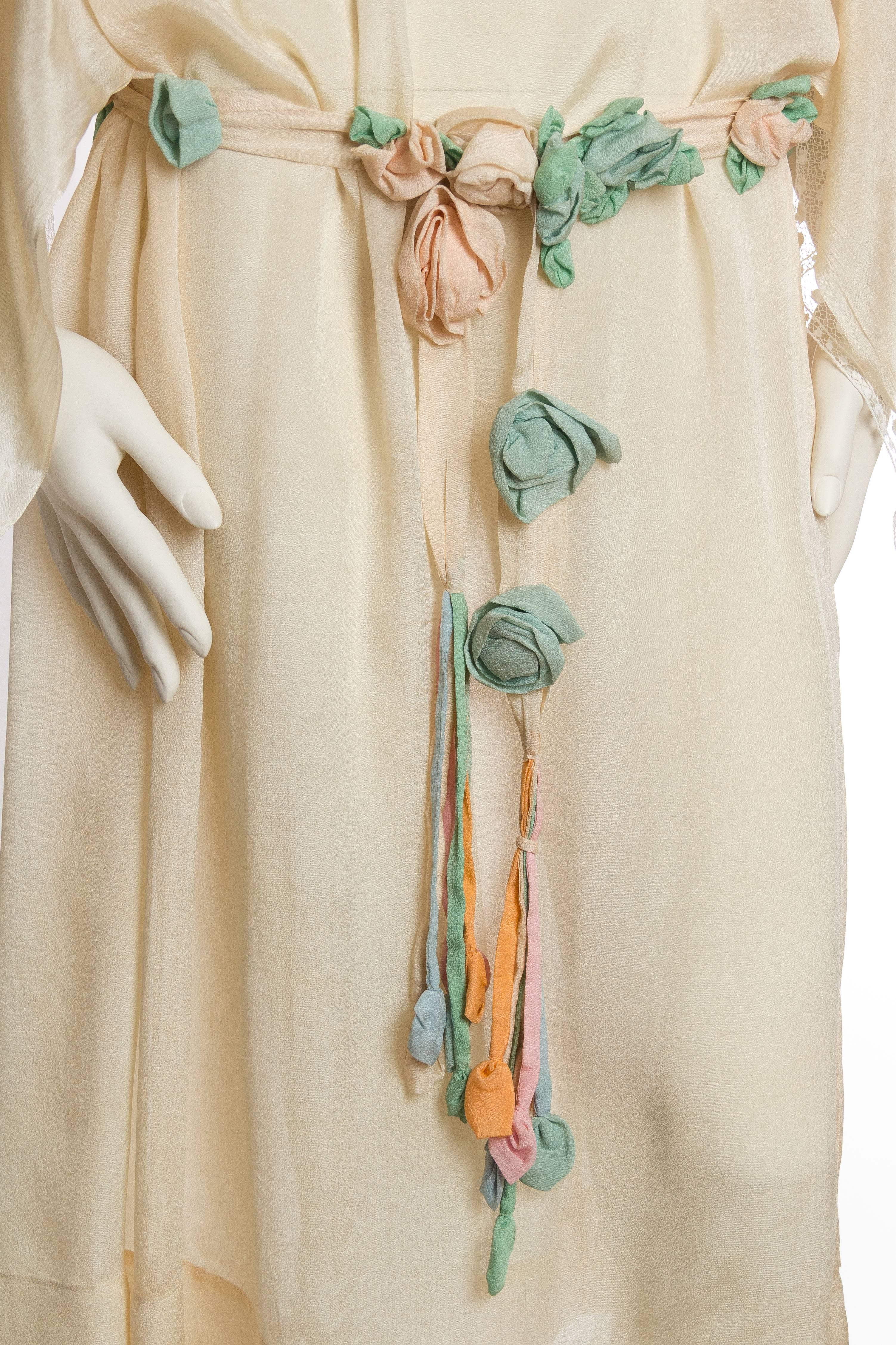 Early 1920s Kimono Sleeve Silk Dress with Roses and Lace 1