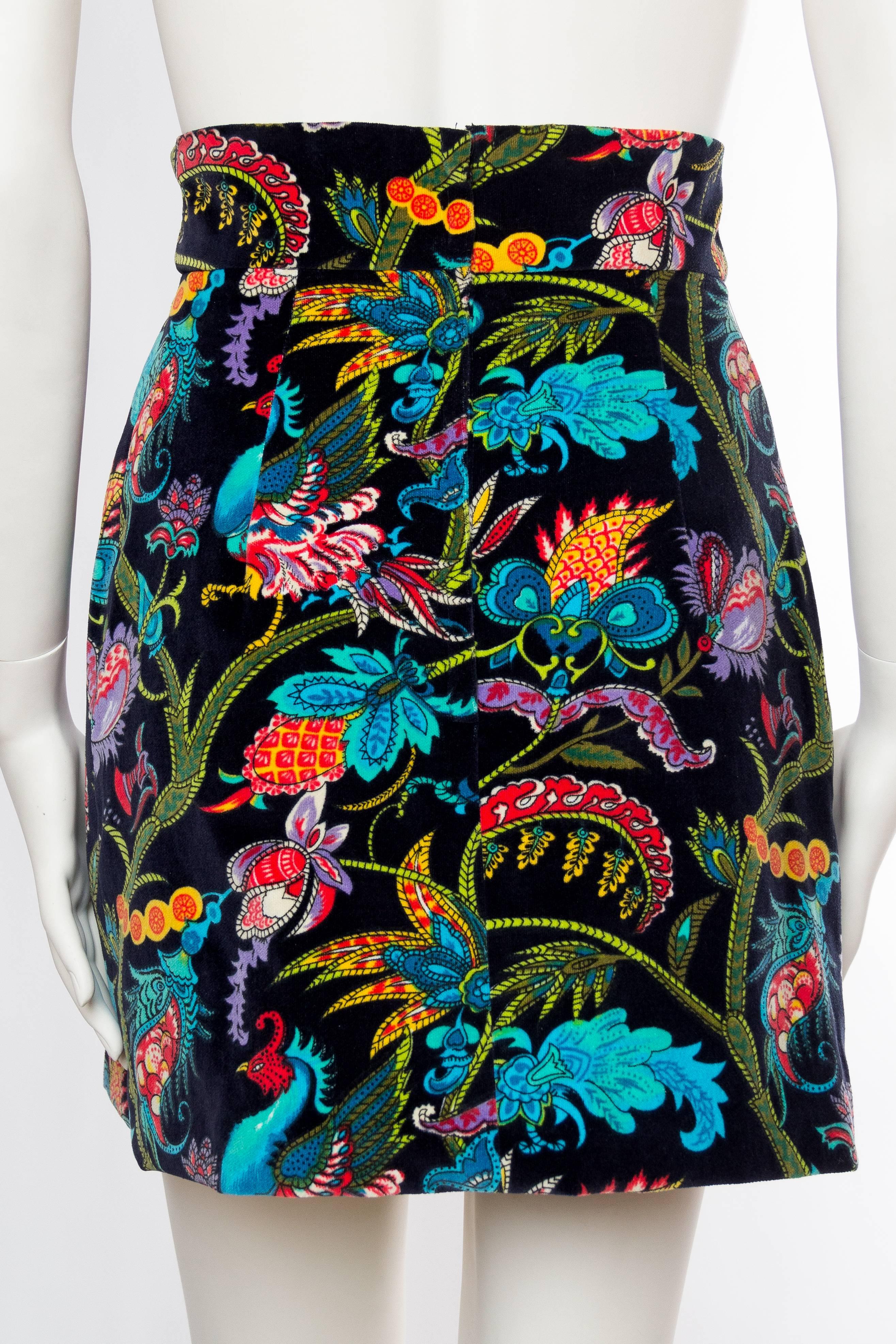 Black 1960S Cotton Velveteen  Exotic Indian Printed Mini Skirt