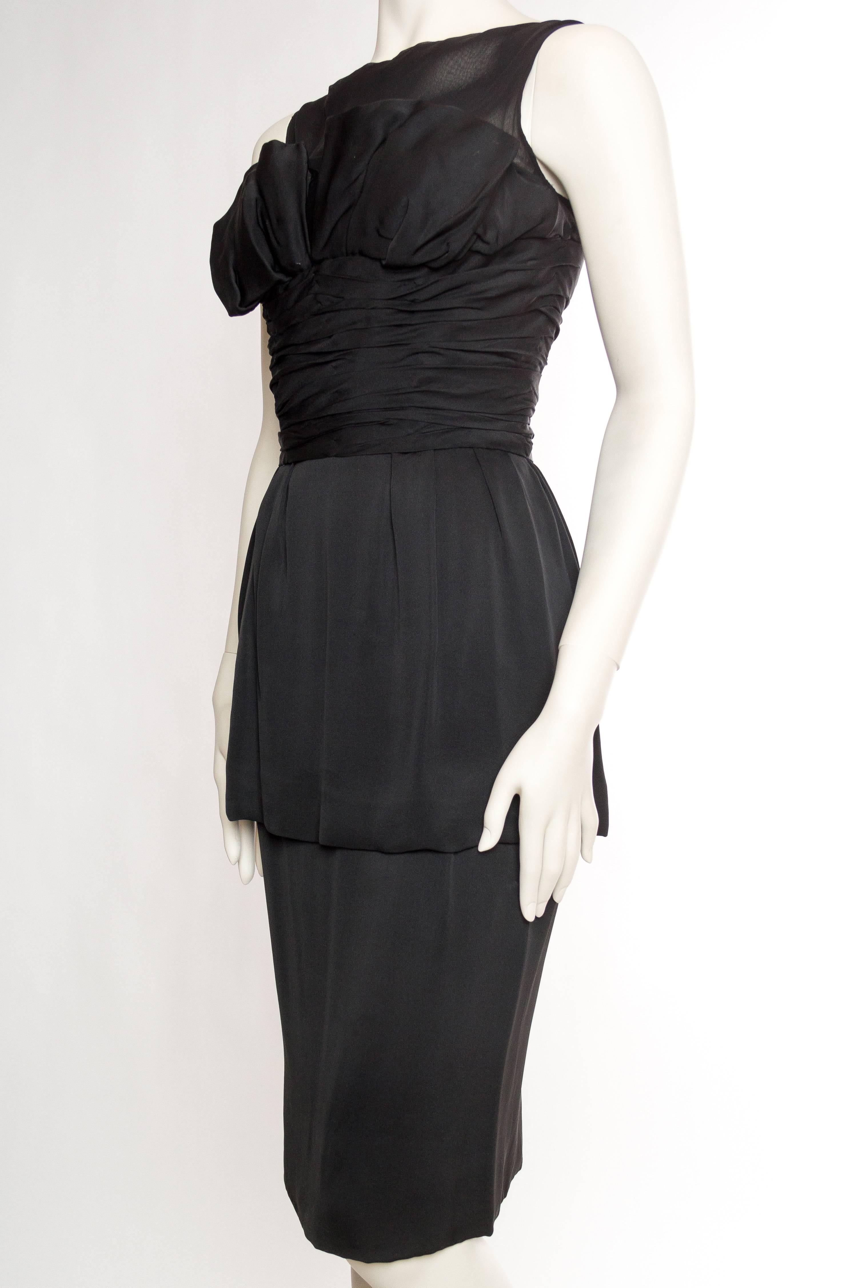 1950S CHRISTIAN DIOR Black Silk Chiffon Bow Front Peplum Cocktail Dress In Excellent Condition In New York, NY