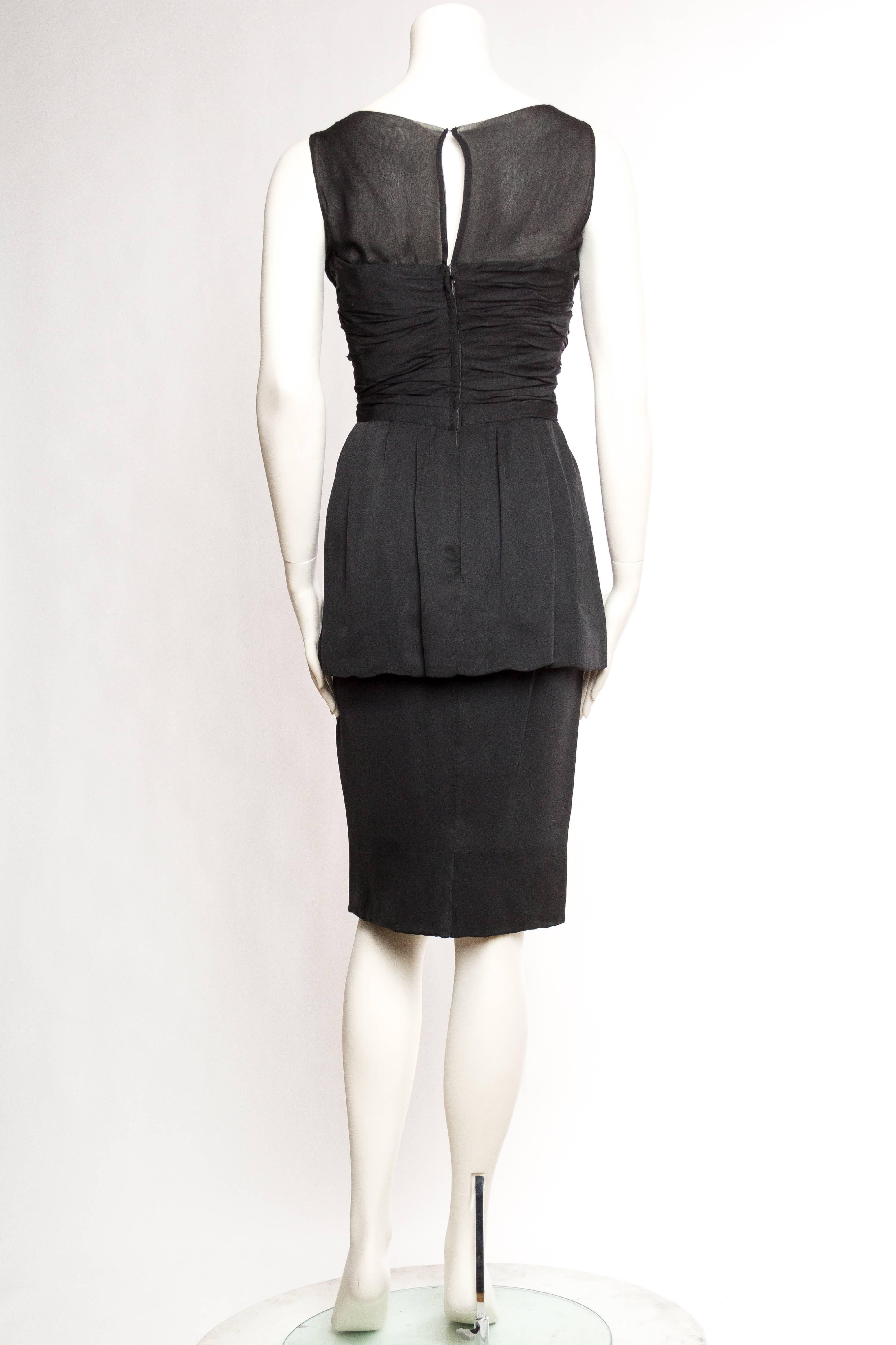 1950S CHRISTIAN DIOR Black Silk Chiffon Bow Front Peplum Cocktail Dress 1