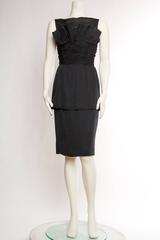 1950S CHRISTIAN DIOR Black Silk Chiffon Bow Front Peplum Cocktail Dress