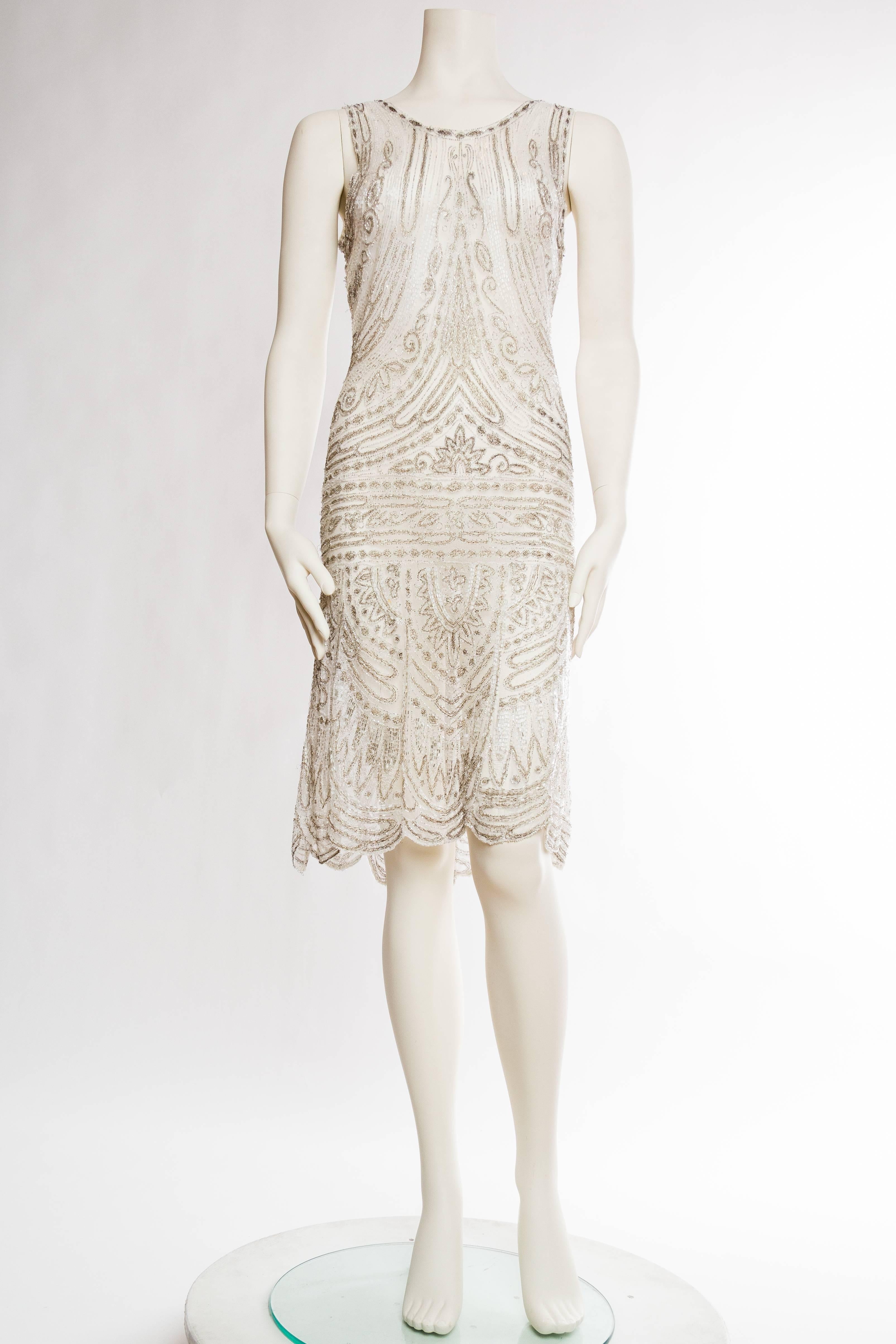 Beige 1920s Beaded Net Dress Embroidered with Silver Threads