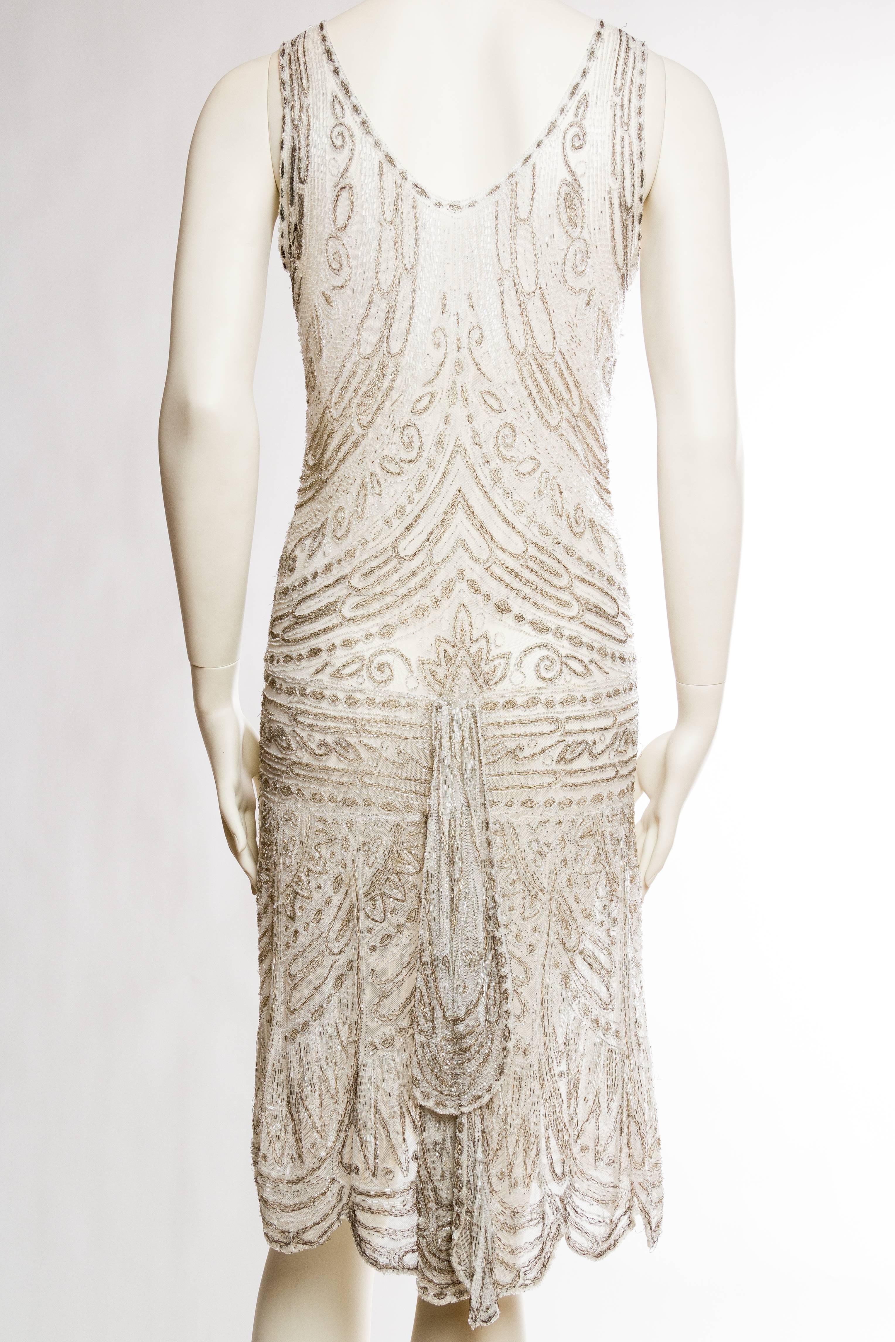 1920s Beaded Net Dress Embroidered with Silver Threads 1