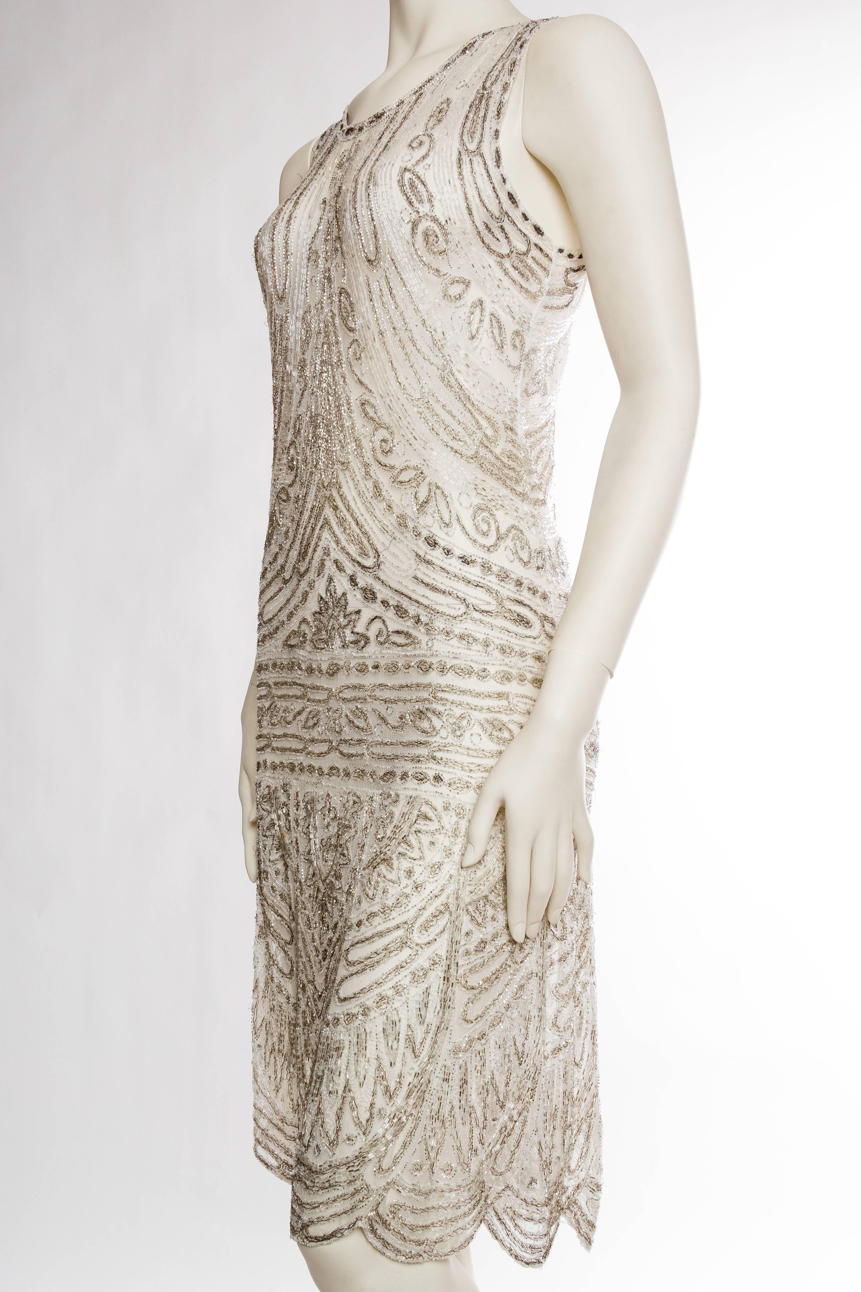 Women's 1920s Beaded Net Dress Embroidered with Silver Threads