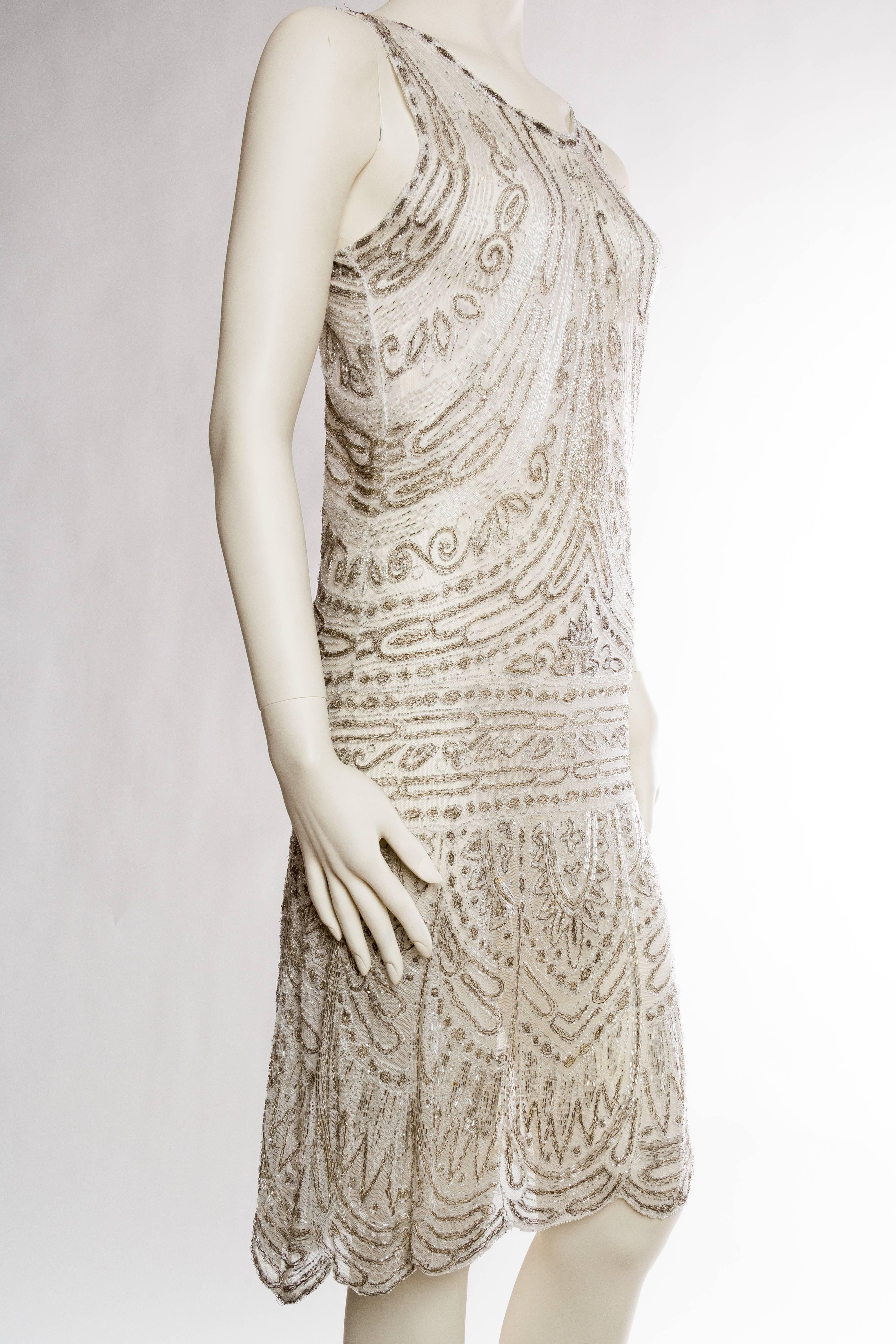 1920s Beaded Net Dress Embroidered with Silver Threads In Excellent Condition In New York, NY