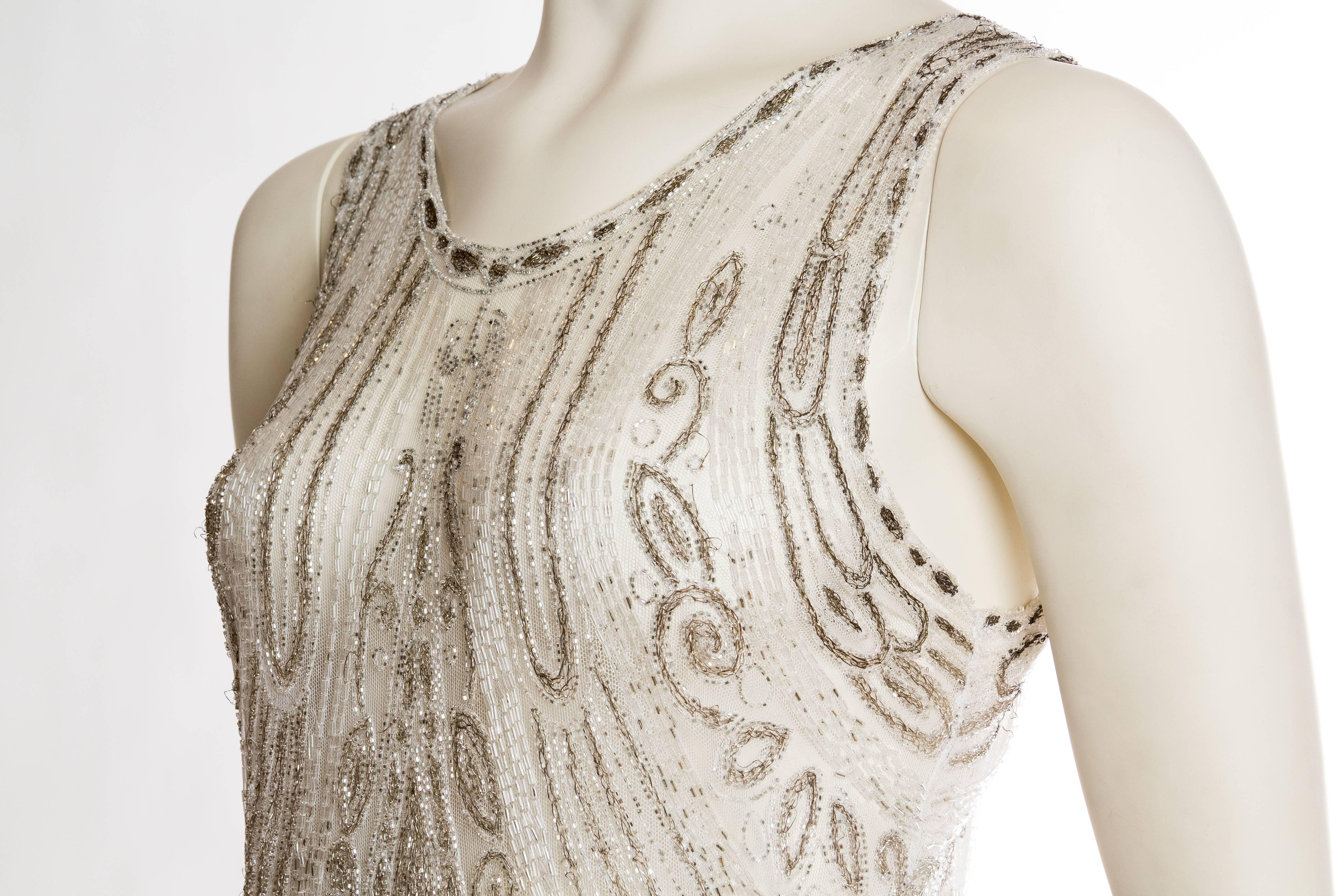 1920s Beaded Net Dress Embroidered with Silver Threads 2