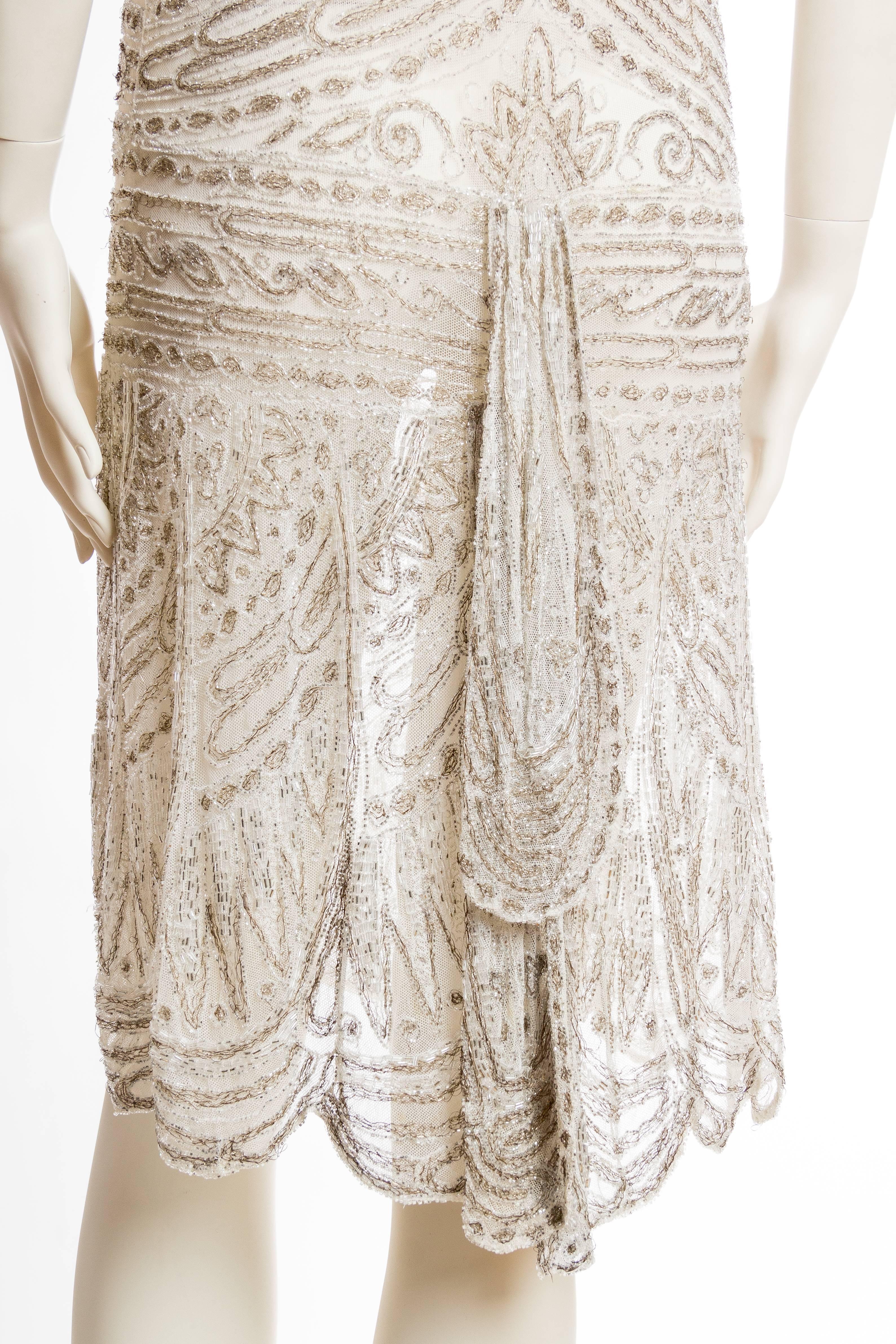 1920s Beaded Net Dress Embroidered with Silver Threads 5