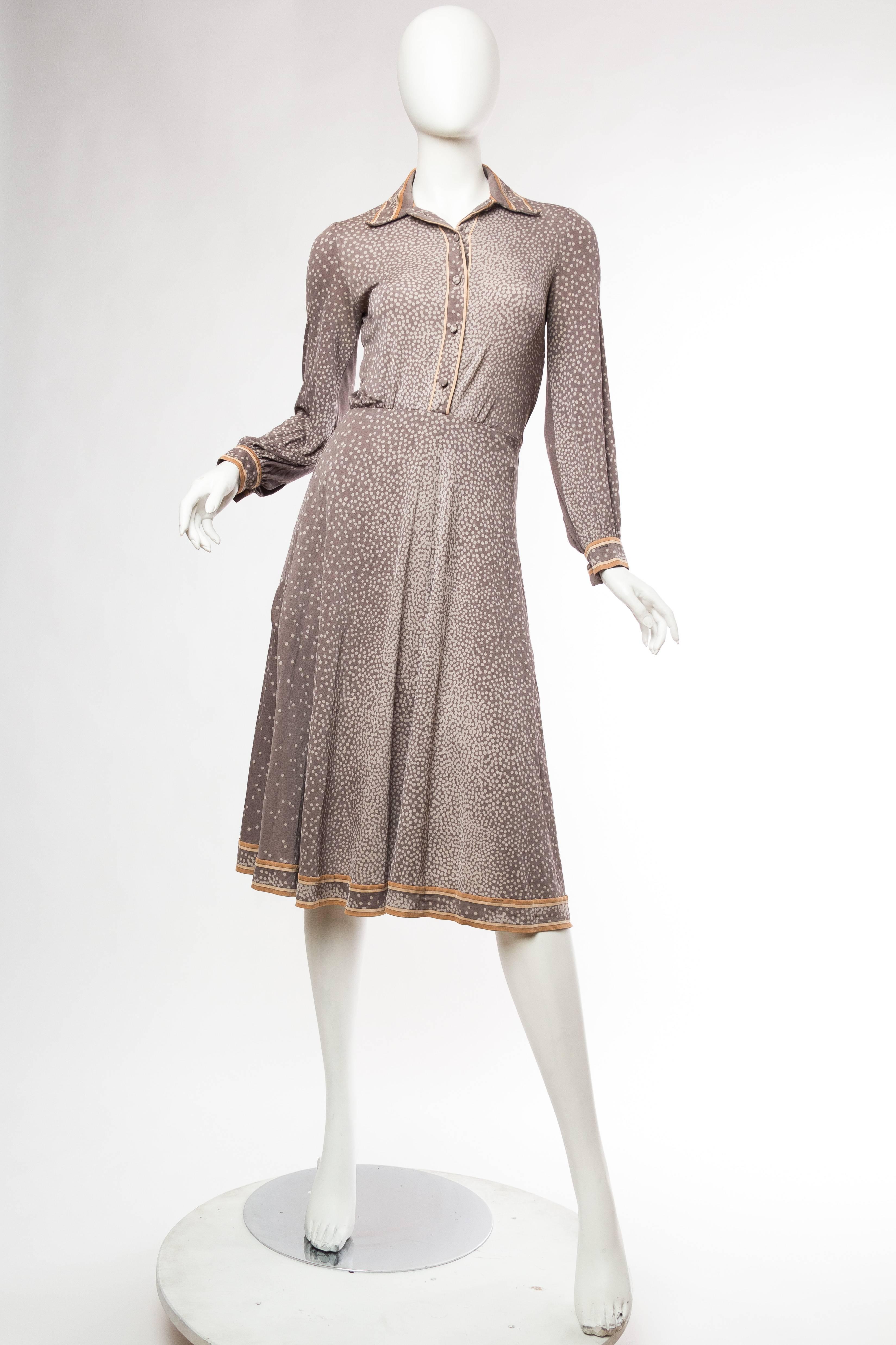 Brown 1970S LEONARD Style Dove Grey Printed Silk Jersey Dress