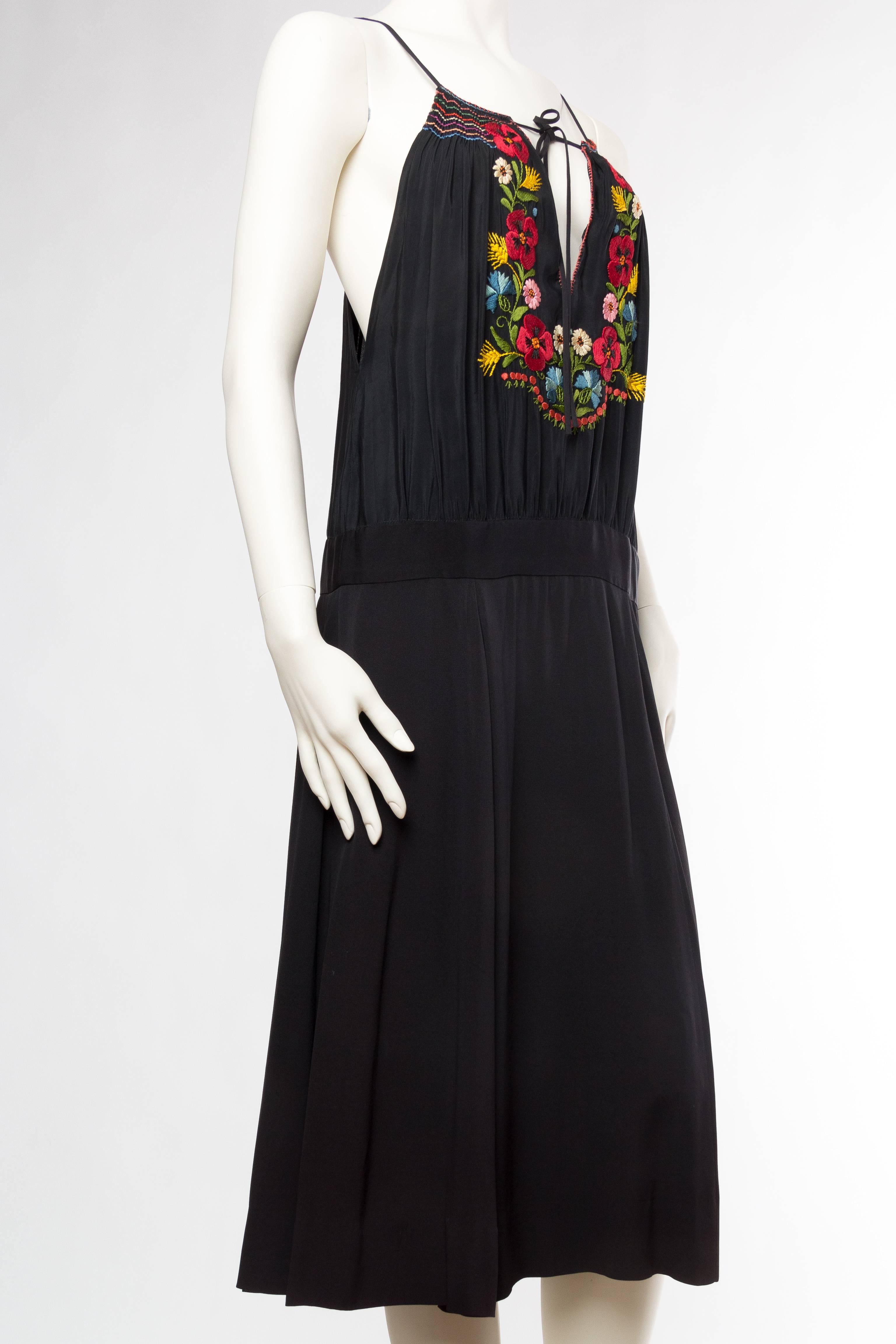 MORPHEW COLLECTION Black Rayon Bohemian Embroidered Dress With Flowers & Hand S In Excellent Condition In New York, NY