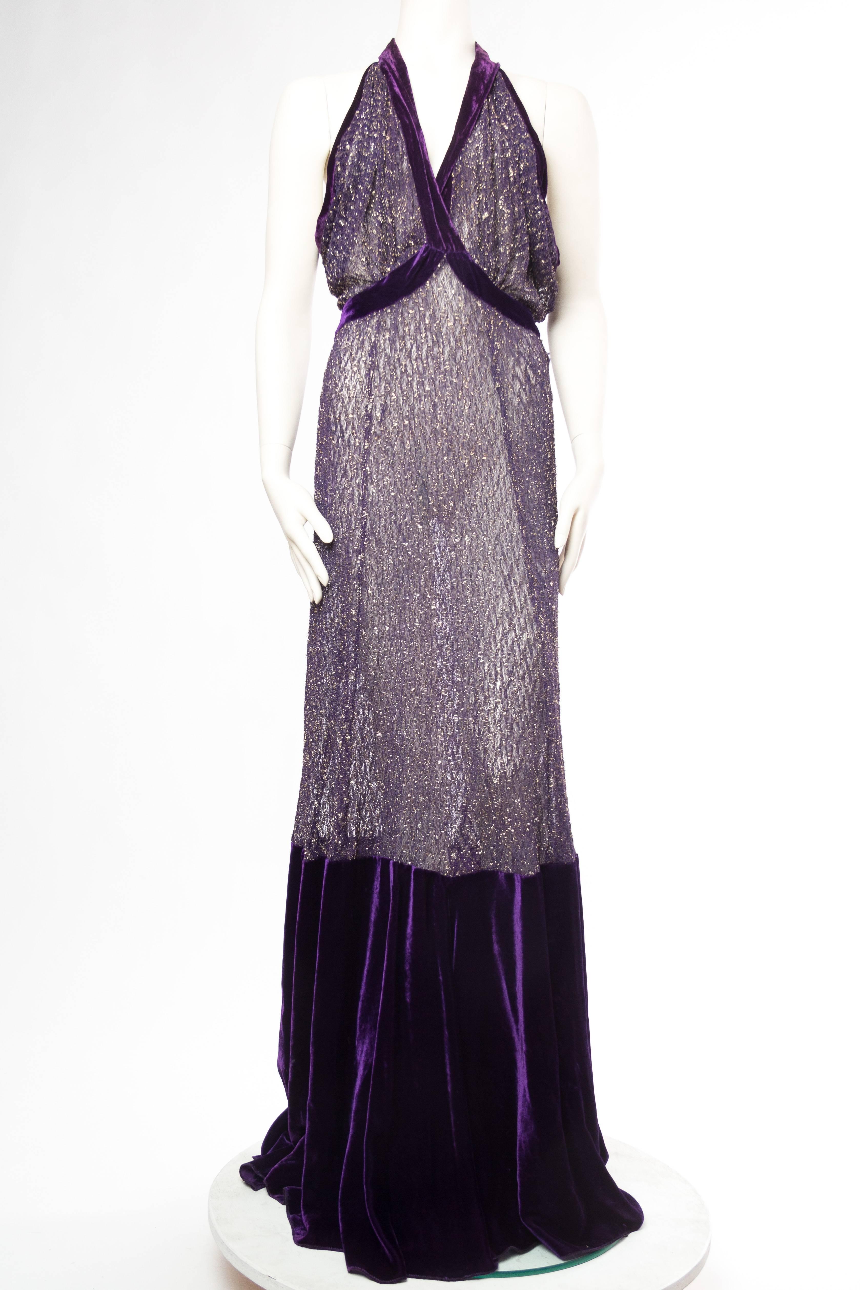 Black 1930s Silk Velvet and Metal Lace Gown