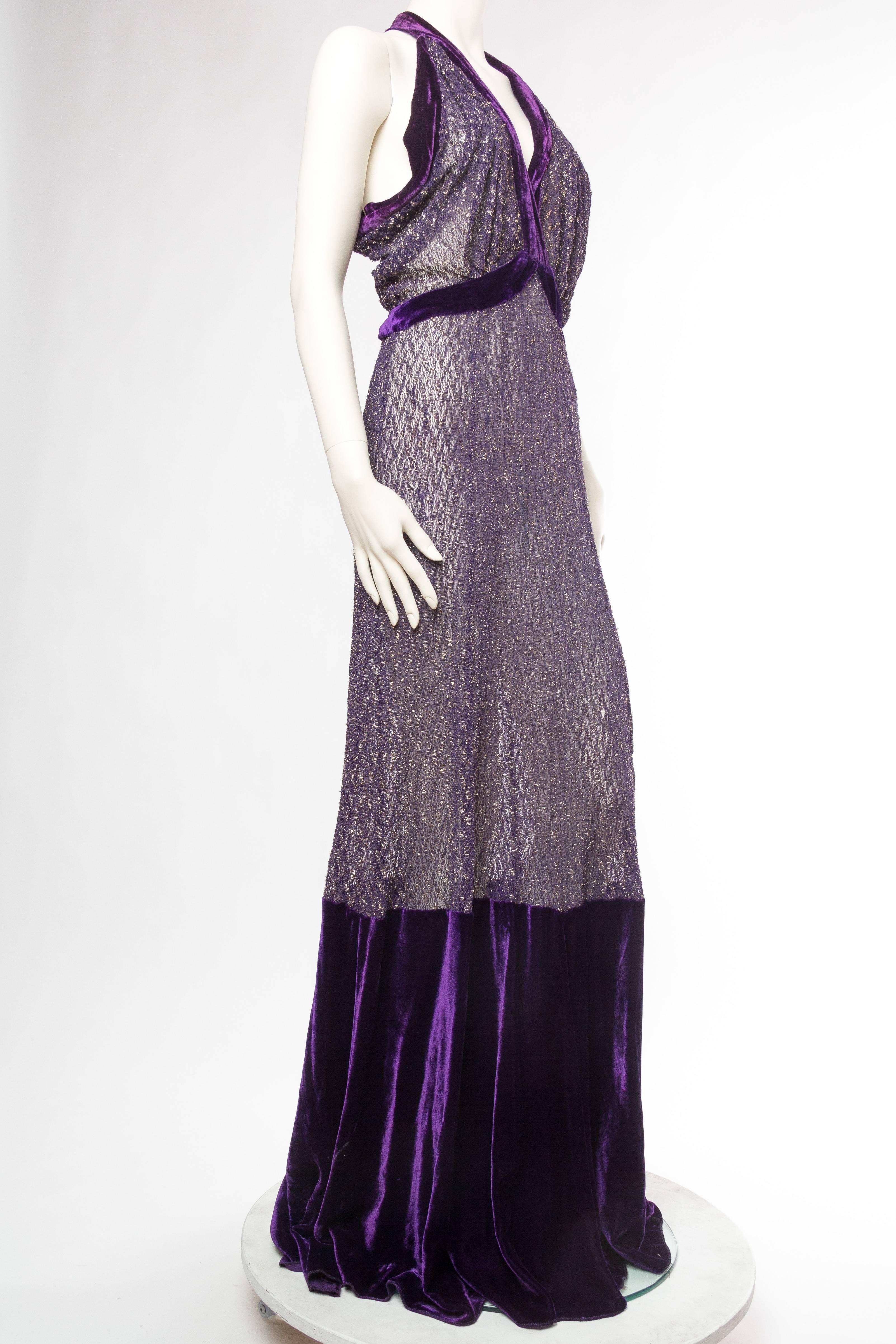 1930s Silk Velvet and Metal Lace Gown In Excellent Condition In New York, NY