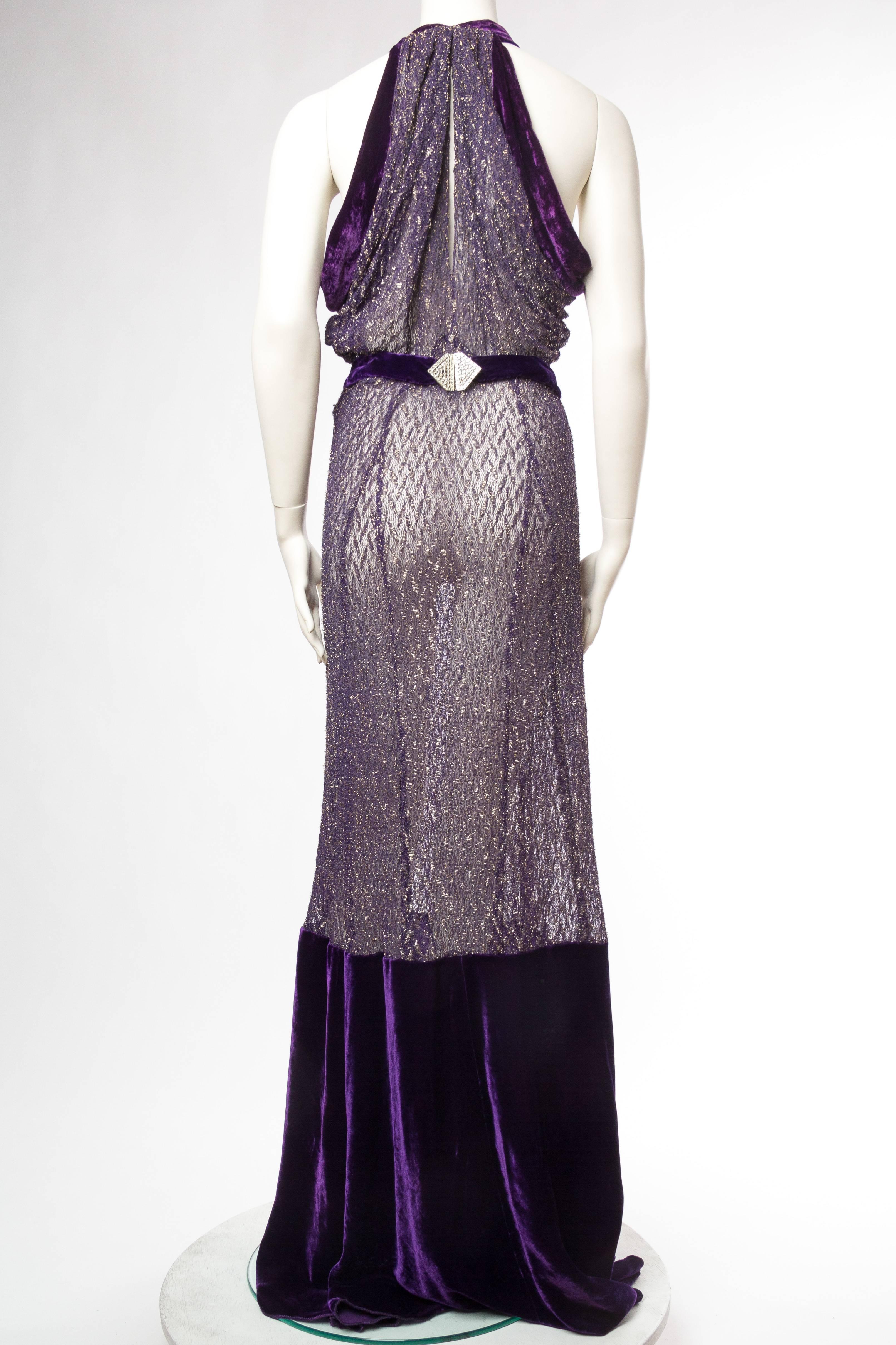 Women's 1930s Silk Velvet and Metal Lace Gown