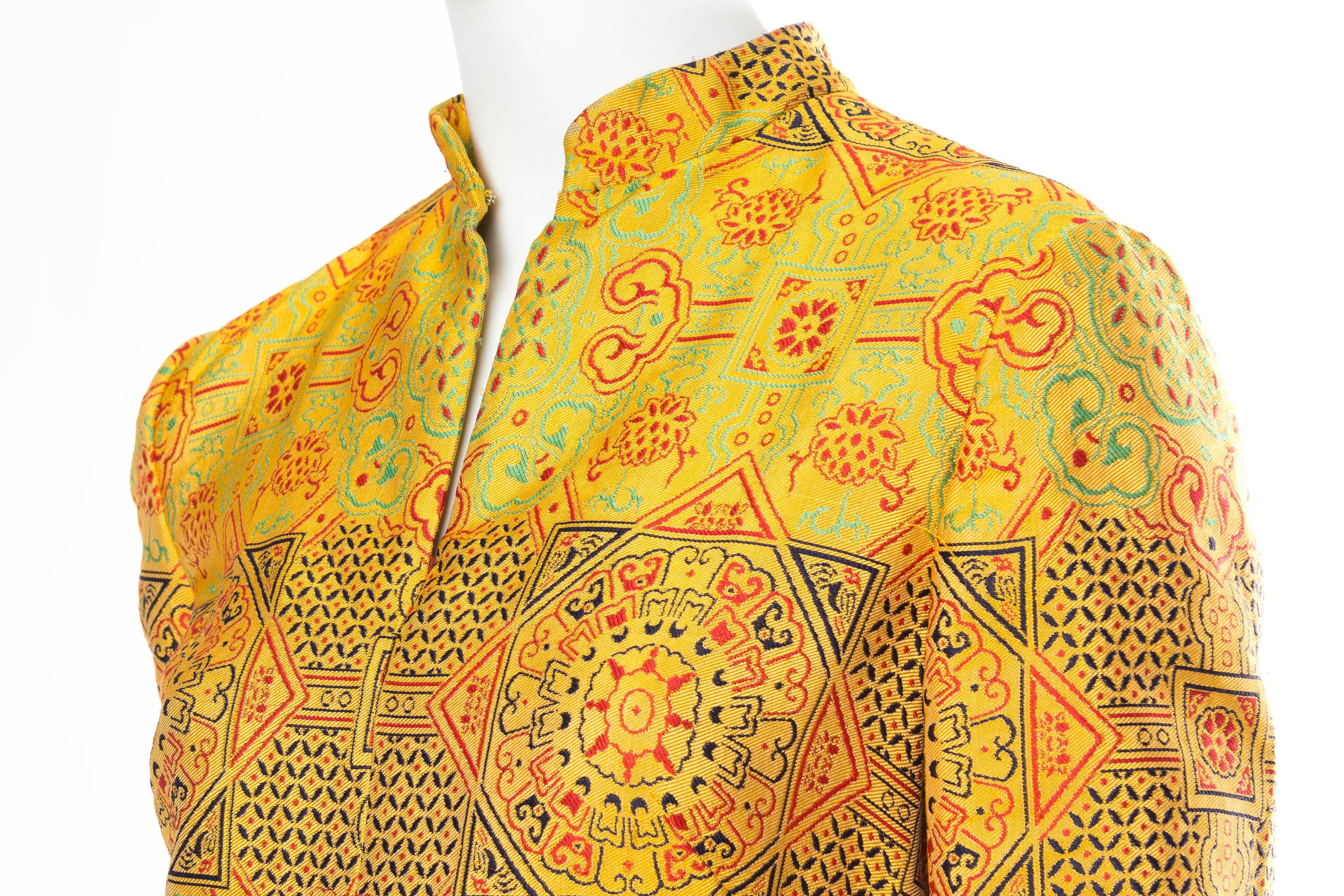 Women's 1960S ADELE SIMPSON Yellow Silk Blend Jacquard Chinese Inspired Long Sleeve Dre