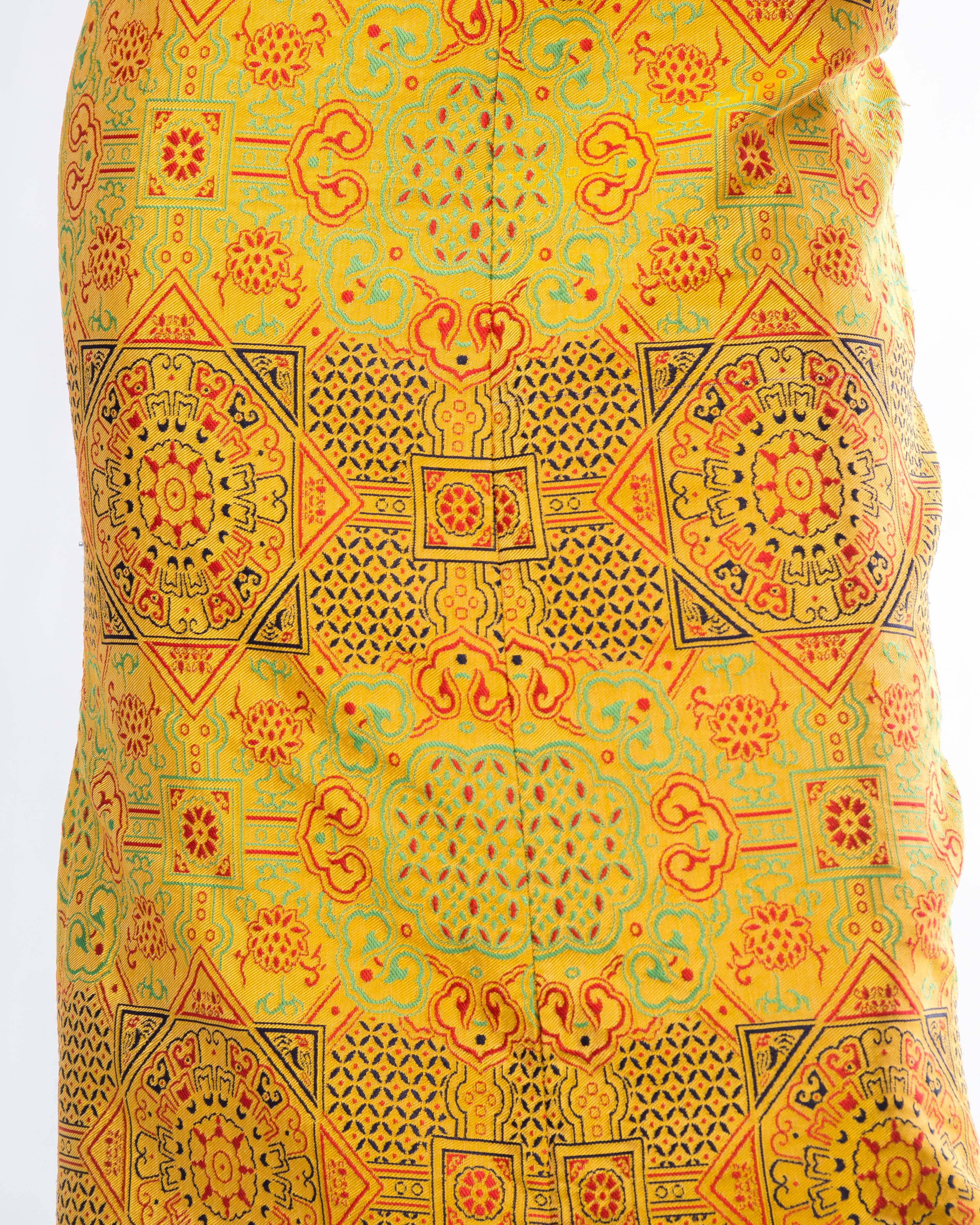 1960S ADELE SIMPSON Yellow Silk Blend Jacquard Chinese Inspired Long Sleeve Dre 1