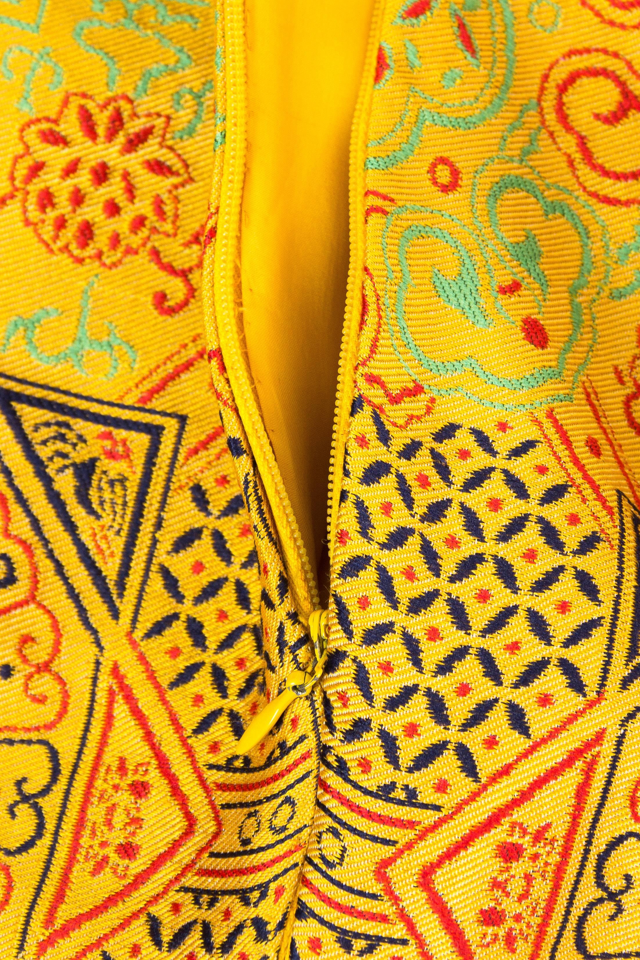 1960S ADELE SIMPSON Yellow Silk Blend Jacquard Chinese Inspired Long Sleeve Dre 3