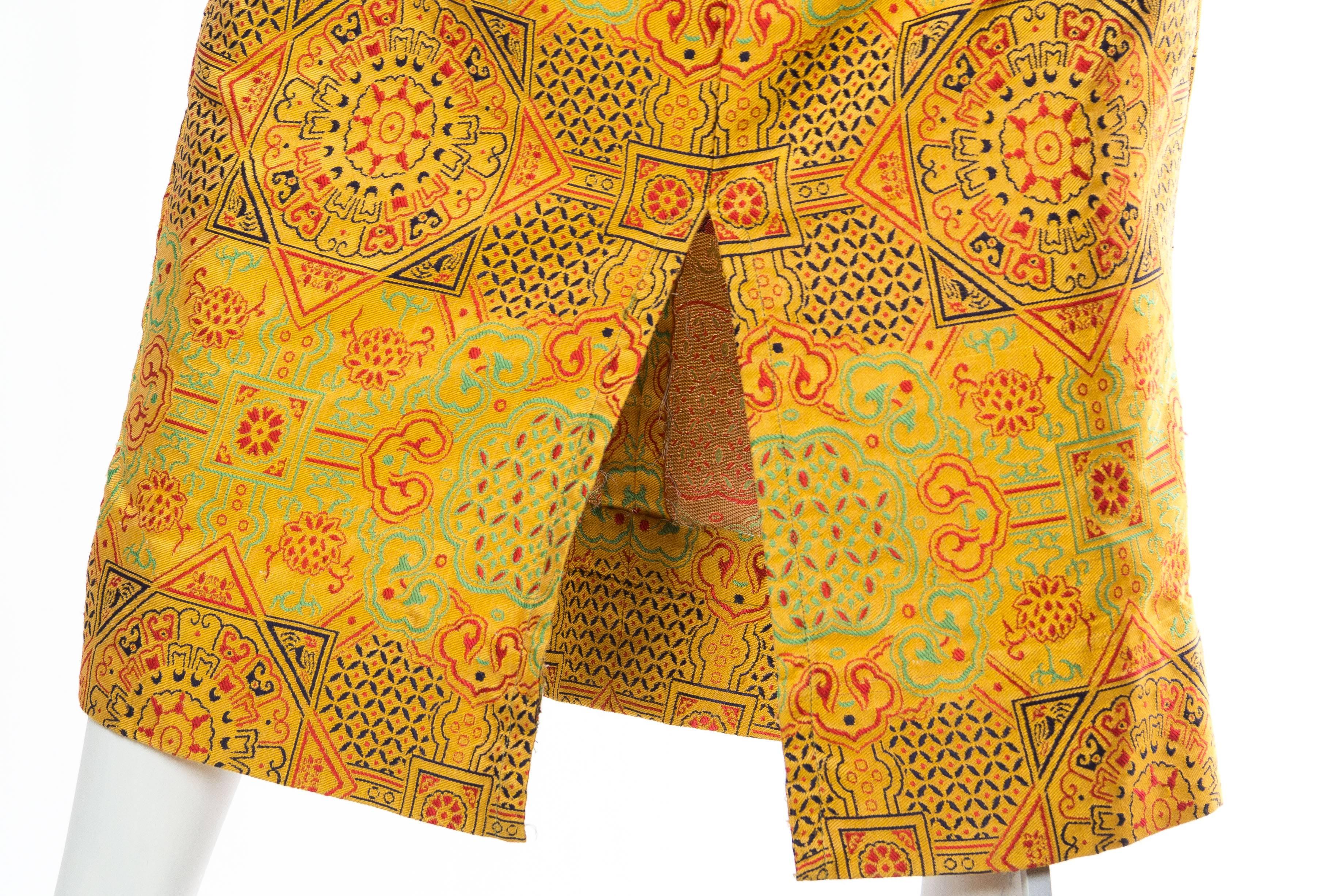 1960S ADELE SIMPSON Yellow Silk Blend Jacquard Chinese Inspired Long Sleeve Dre 2