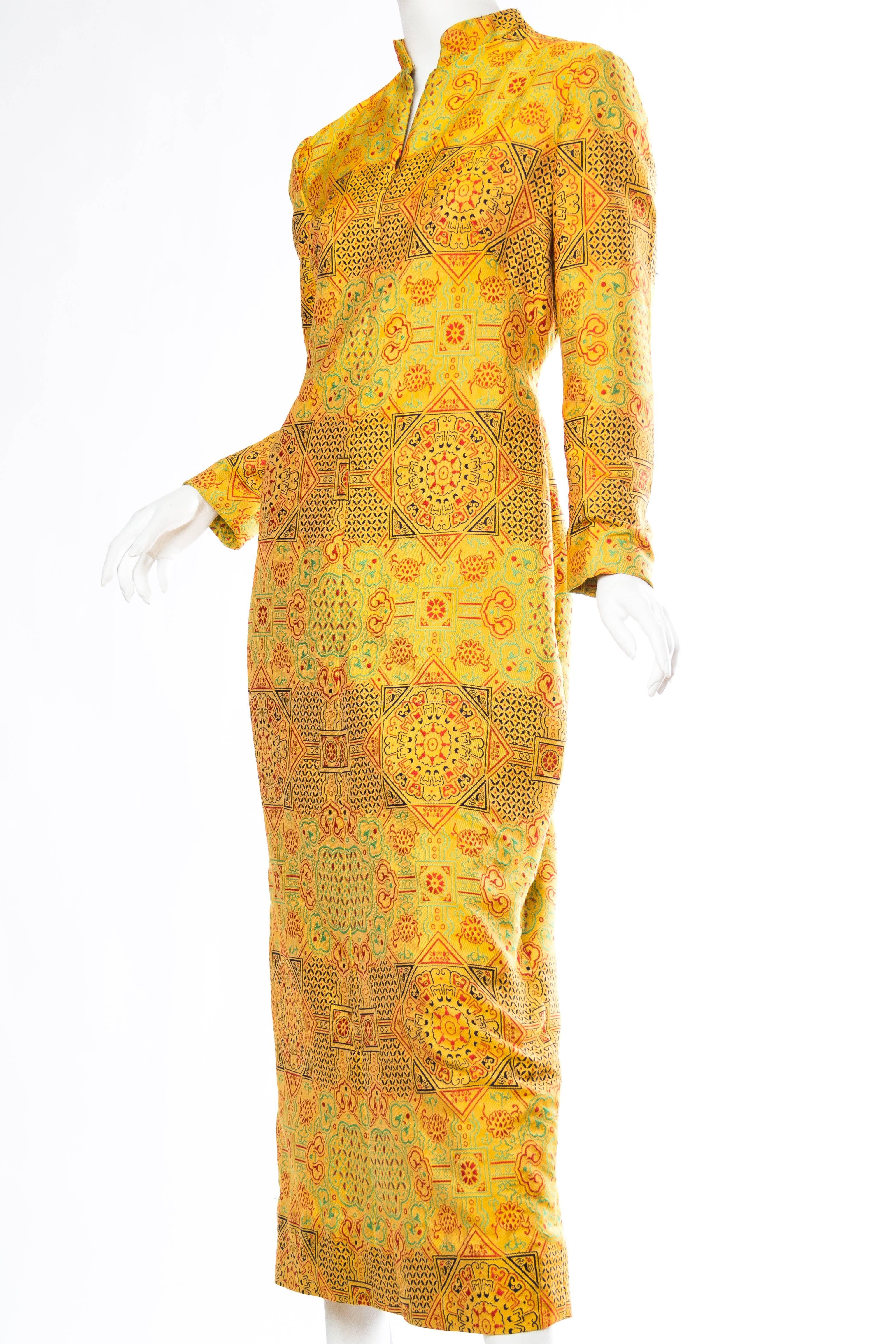 Orange 1960S ADELE SIMPSON Yellow Silk Blend Jacquard Chinese Inspired Long Sleeve Dre