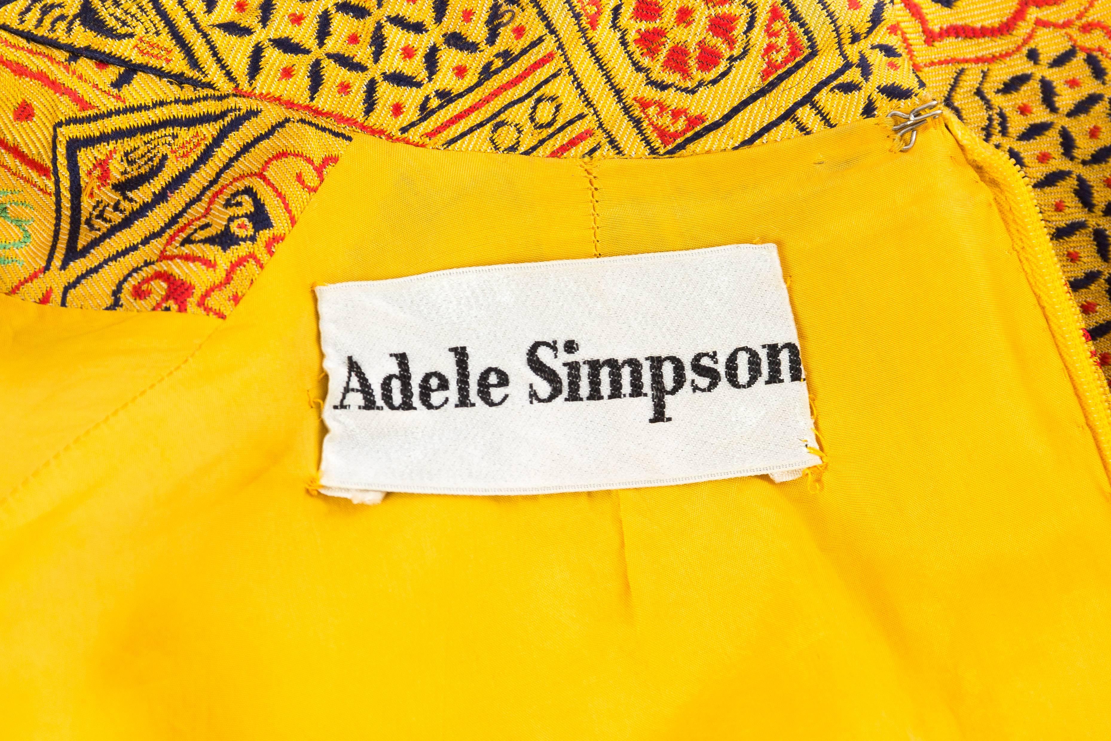 1960S ADELE SIMPSON Yellow Silk Blend Jacquard Chinese Inspired Long Sleeve Dre 4